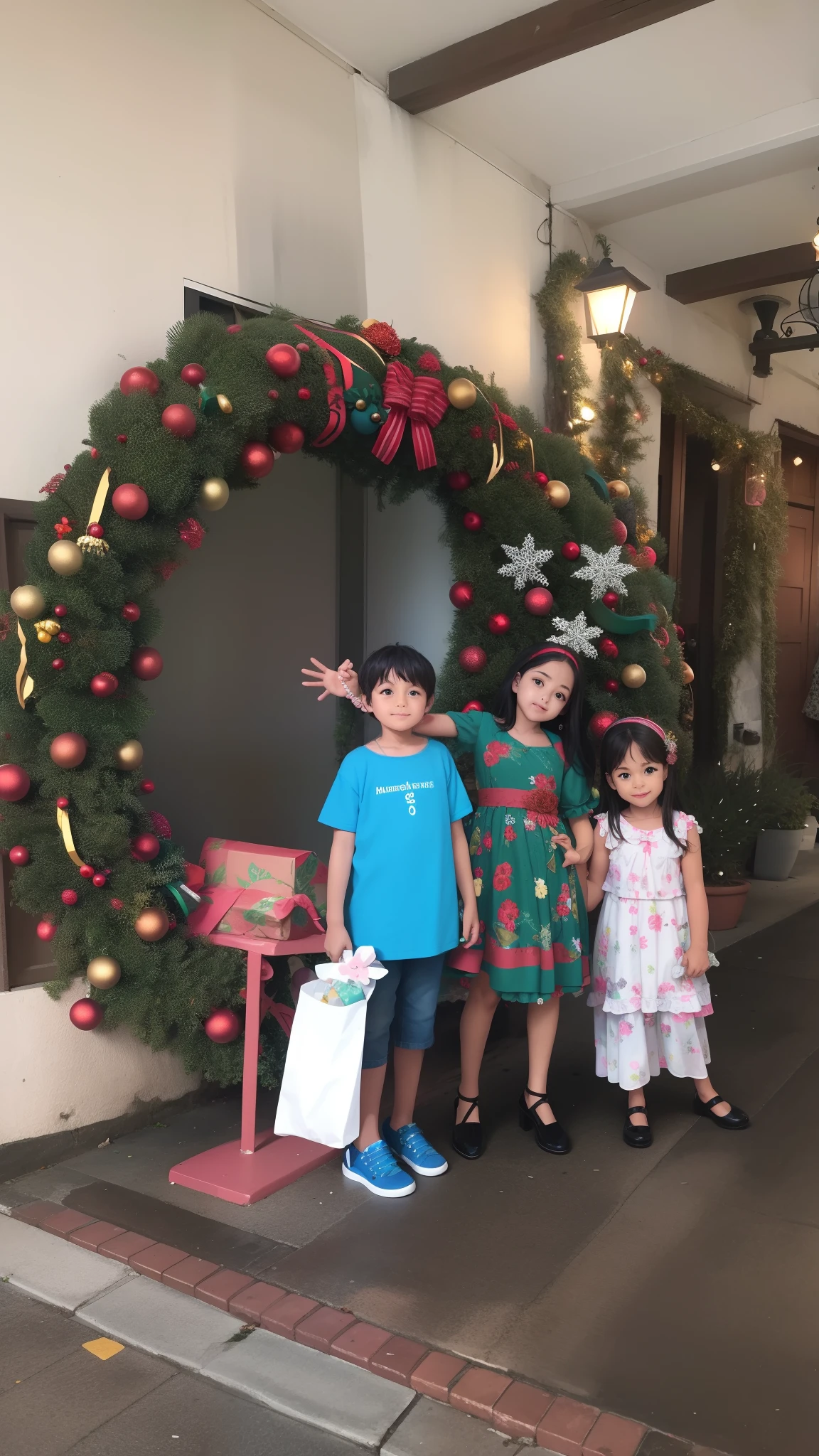 There are three children in front of a Christmas wreath, holiday season, 🤬 🤮 💕 🎀, cabrito, Family photo, 😭 🤮 💕 🎀, feriado, fotografia, Tlaquepaque, garotada, in front of the house, 🕹️ 😎 🔫 🤖 🚬, Apresenta, holiday vibe, Natal, Foto, information, imagem de perfil