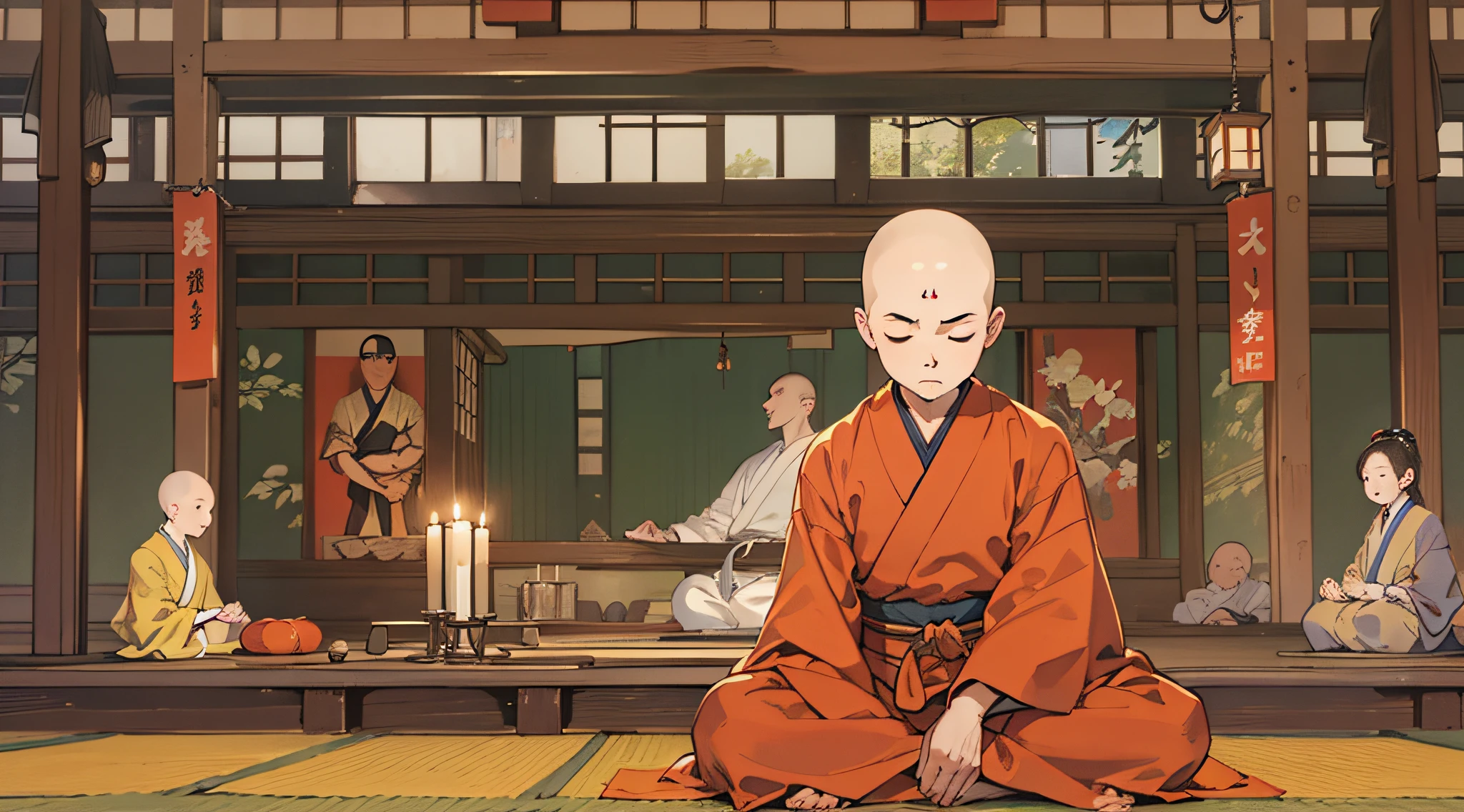 (masterpiece, best quality:1.2), (1man, solo), (25years old:1.1), (full body, sitting with YOGA meditation), Japanese monk's working clothes, (skin head, no hair), closing eyes,  (Japanese old style room, a lot of candles)