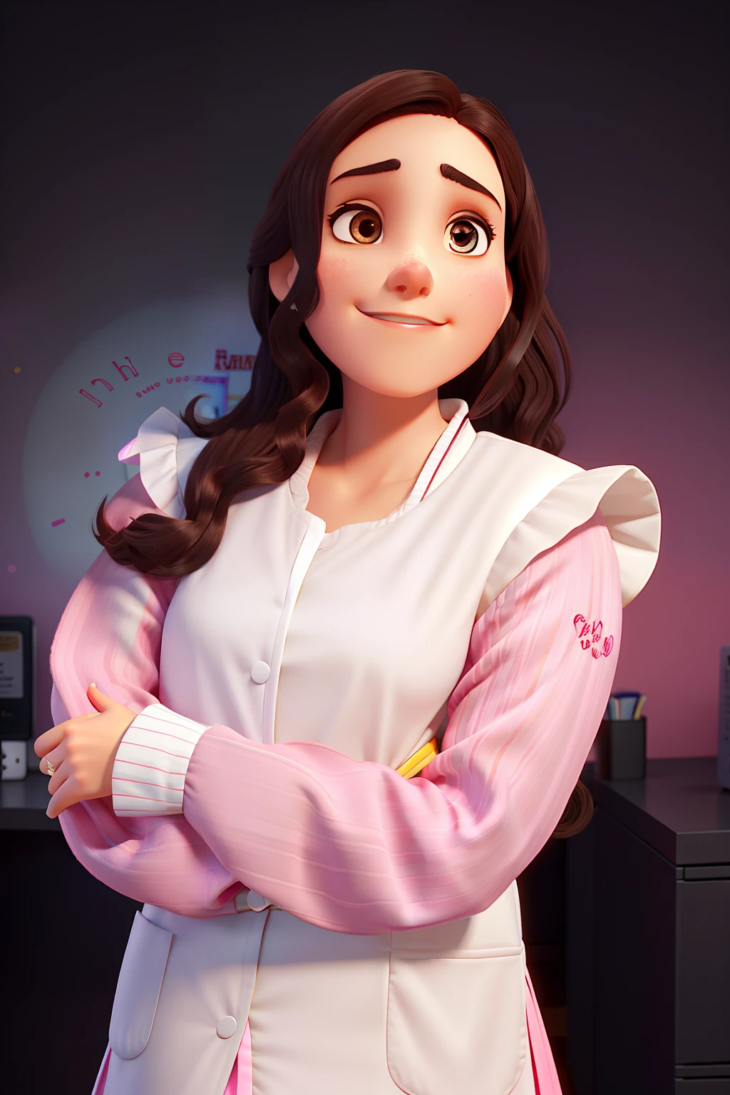 A woman hair medium length dark brown wavy, com jaleco branco de mangas bufantes longas de renda, parada na frente, Against the backdrop of a dark-walled nutritionist's office, With a sign on the pink LED wall that reads "Are you hungry for that?”