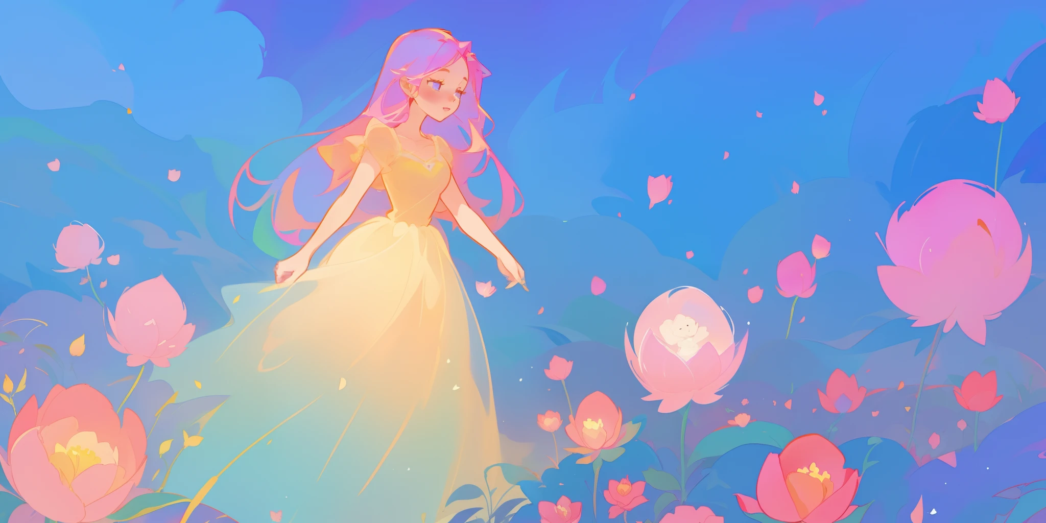 beautiful girl in puffy glowing ballgown, a field with round puffball pink flowers, otherworldly flowers, whimsical landscape, long pink flowing hair, watercolor illustration, inspired by Glen Keane, inspired by Lois van Baarle, disney art style, by Lois van Baarle, by Glen Keane, jen bartel, digital painting, beautiful digital illustration, fantasia otherworldly landscape plants flowers, beautiful, masterpiece, best quality, anime disney style, Glen Keane, jen bartel, (((beautiful girl))), golden ratio, perfection composition