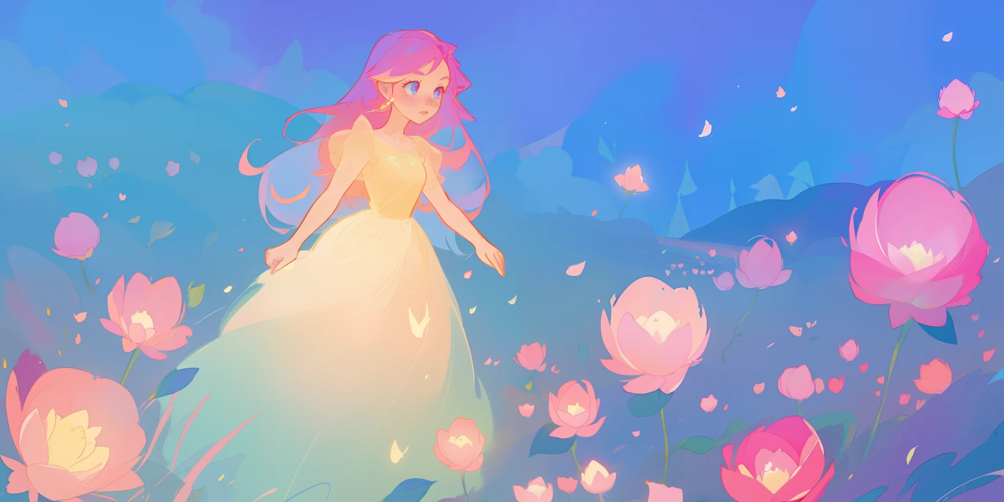 beautiful girl in puffy glowing ballgown, a field with round puffball pink flowers, otherworldly flowers, whimsical landscape, long pink flowing hair, watercolor illustration, inspired by Glen Keane, inspired by Lois van Baarle, disney art style, by Lois van Baarle, by Glen Keane, jen bartel, digital painting, beautiful digital illustration, fantasia otherworldly landscape plants flowers, beautiful, masterpiece, best quality, anime disney style, Glen Keane, jen bartel, (((beautiful girl))), golden ratio, perfection composition
