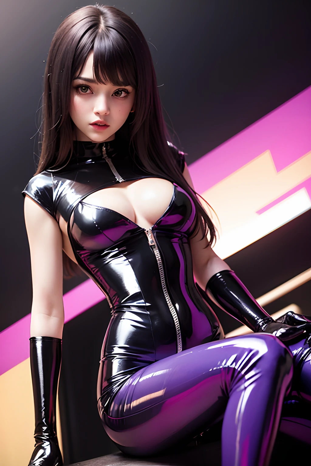 araffe Selena Gomez, At a party, in a purple latex dress with black trim, latex outfits, intricate latex set, latex shiny, wearing latex, intricate wet latex suspenders, latex dress, rubber and latex, futuristic glossy latex suit, latex domme, wearing atsuko kudo latex outfit, black and violet costume, rubber latex, purple body, latex, wearing black latex outfit