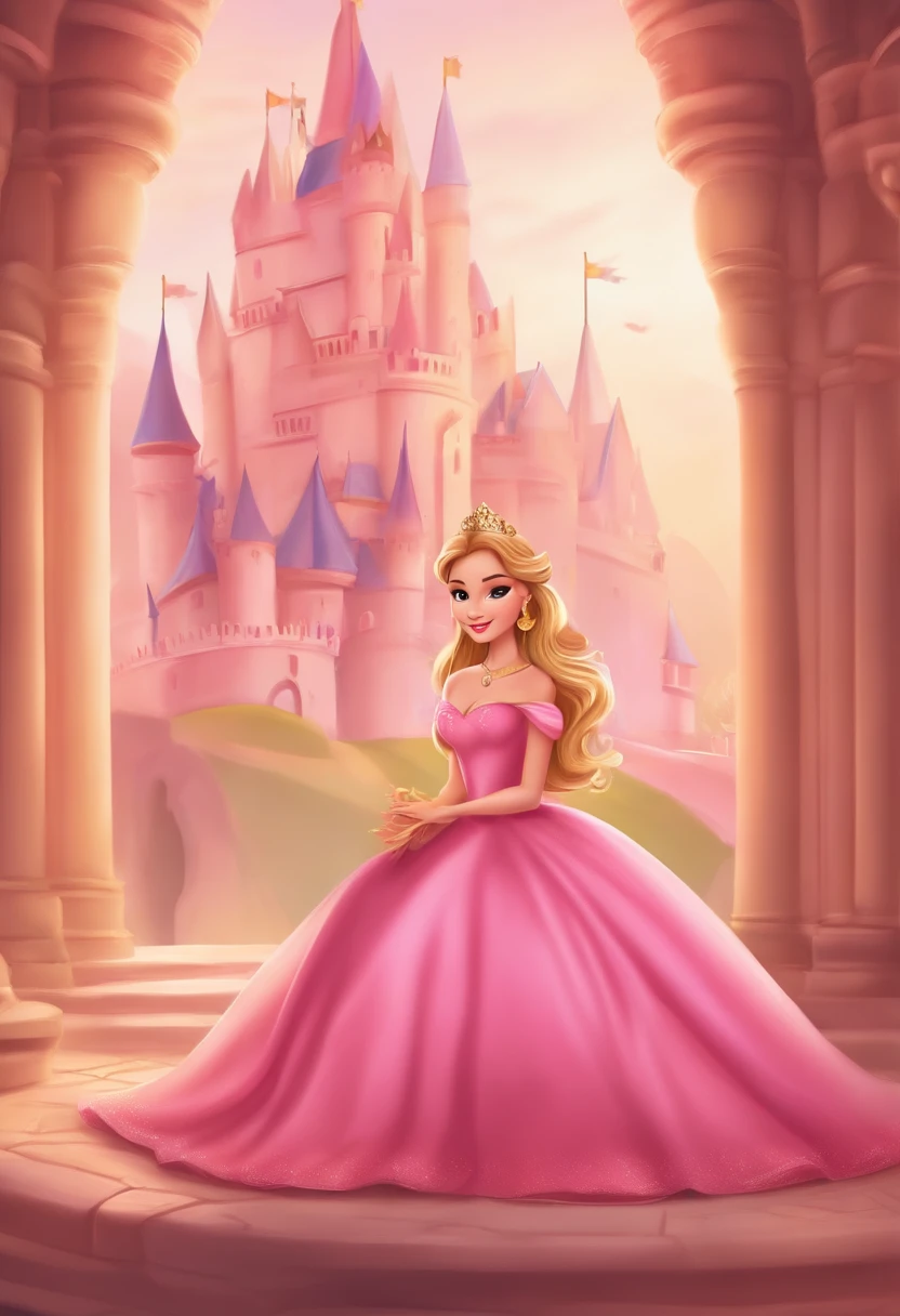 princess, castle, delicate, pink, golden, royalty, vibrant colors background. The princess is sitting in front of the castle, cartoon style