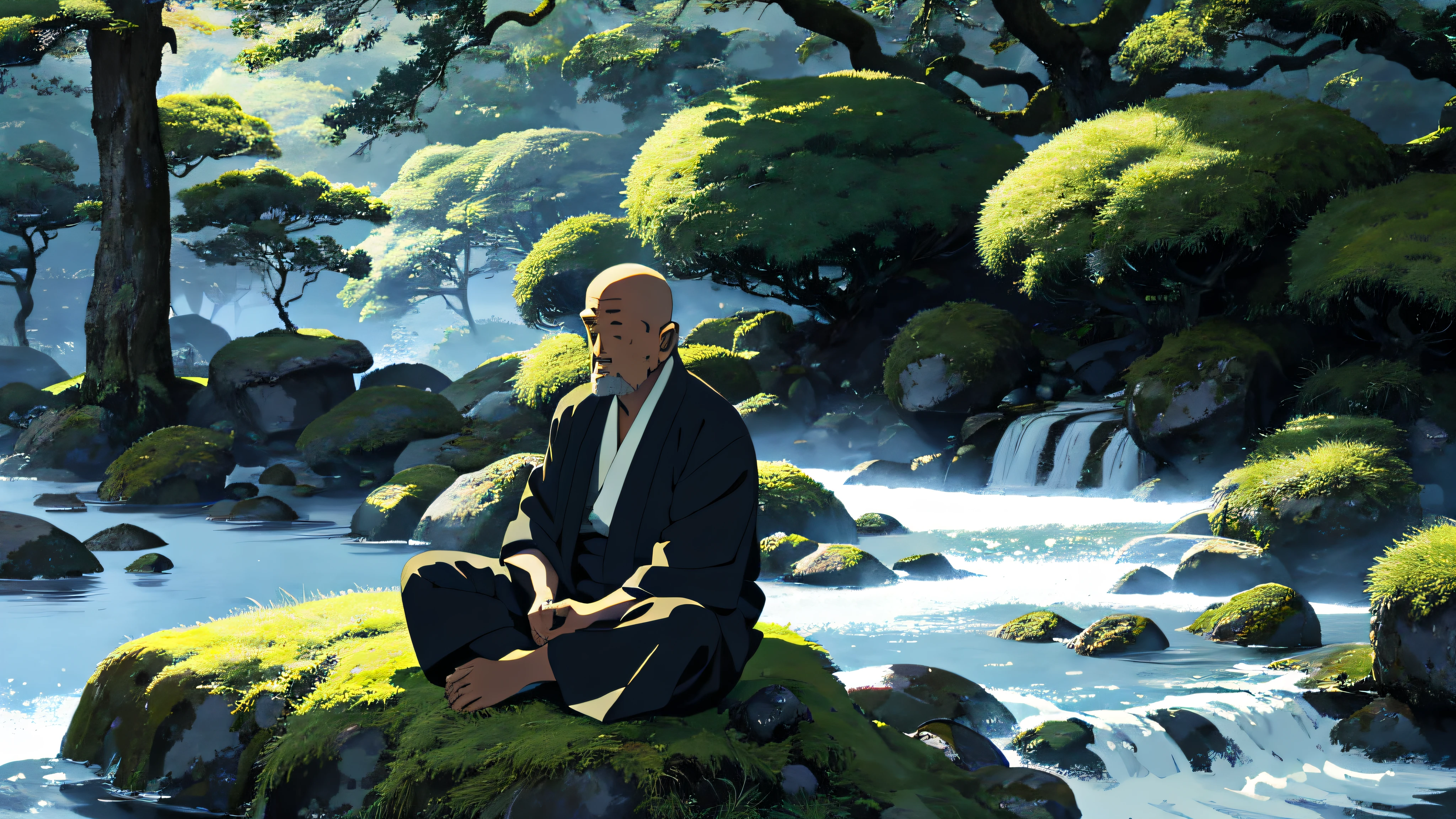 A japanese old monk man sitting in meditation pose on a moss-covered rock, surrounded by lush greenery, as the first rays of the morning sun pierce through the misty mountains.