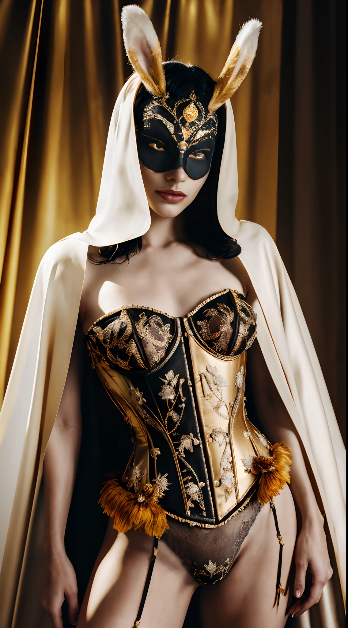 (Centerpiece : 1.2), Retro Mysterious, of mesmerizing beauty, cheveux blancs,Colorful Detailed Golden Rabbit Mask Jewelry, longue cape transparent fluide, gold-embroidered designs, plumes, soie, Drape, petite Lingerie Etam Corset , bonbons, dimly lit, Moody Lighting, Professional Photo Studio Decor