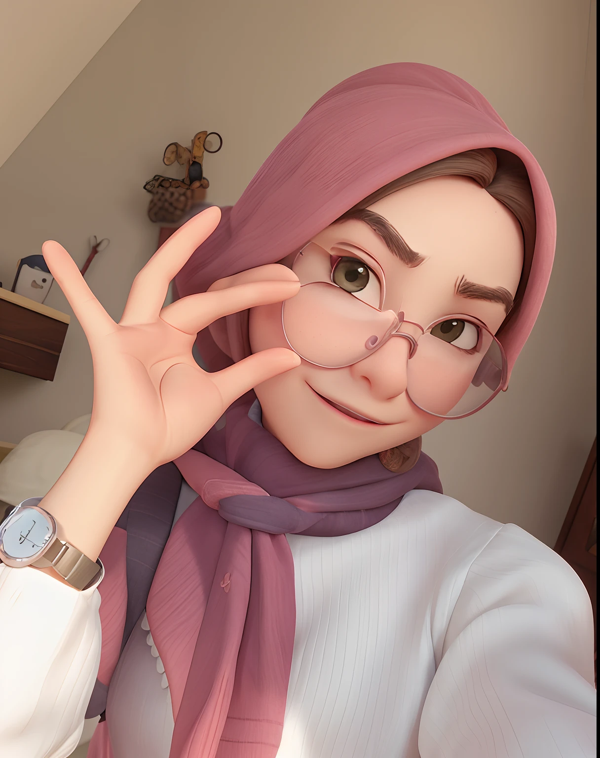 woman wearing glasses and a pink scarf holding up her hand, with glasses, with square glasses, wearing thin large round glasses, 🤤 girl portrait, wearing small round glasses, thick round spectacles, girl with glasses, ulzzang, wearing square glasses, with accurate face, girl wearing round glasses, hijab, wearing round glasses, clear cute face