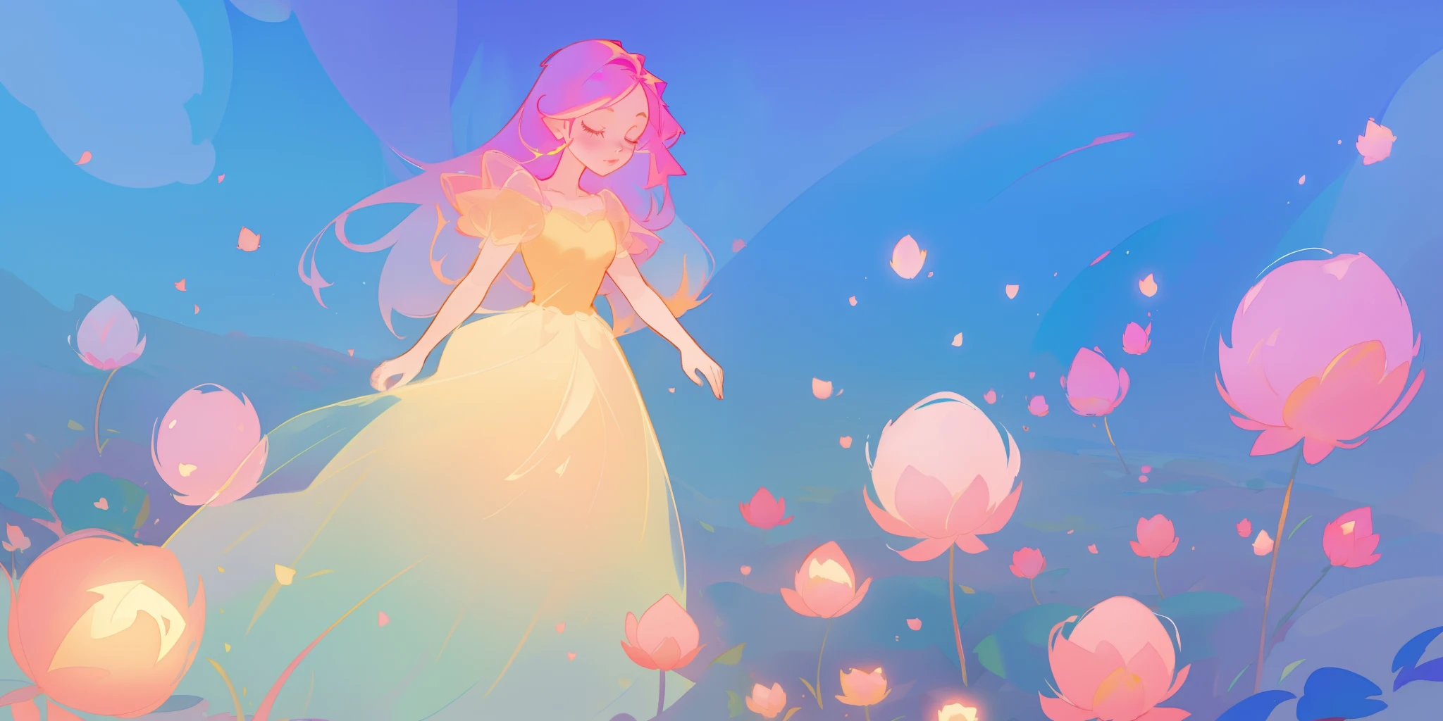 beautiful girl in puffy glowing ballgown, a field with round puffball pink flowers, otherworldly flowers, whimsical landscape, long pink flowing hair, watercolor illustration, inspired by Glen Keane, inspired by Lois van Baarle, disney art style, by Lois van Baarle, by Glen Keane, jen bartel, digital painting, beautiful digital illustration, fantasia otherworldly landscape plants flowers, beautiful, masterpiece, best quality, anime disney style, Glen Keane, jen bartel, (((beautiful girl))), golden ratio, perfection composition