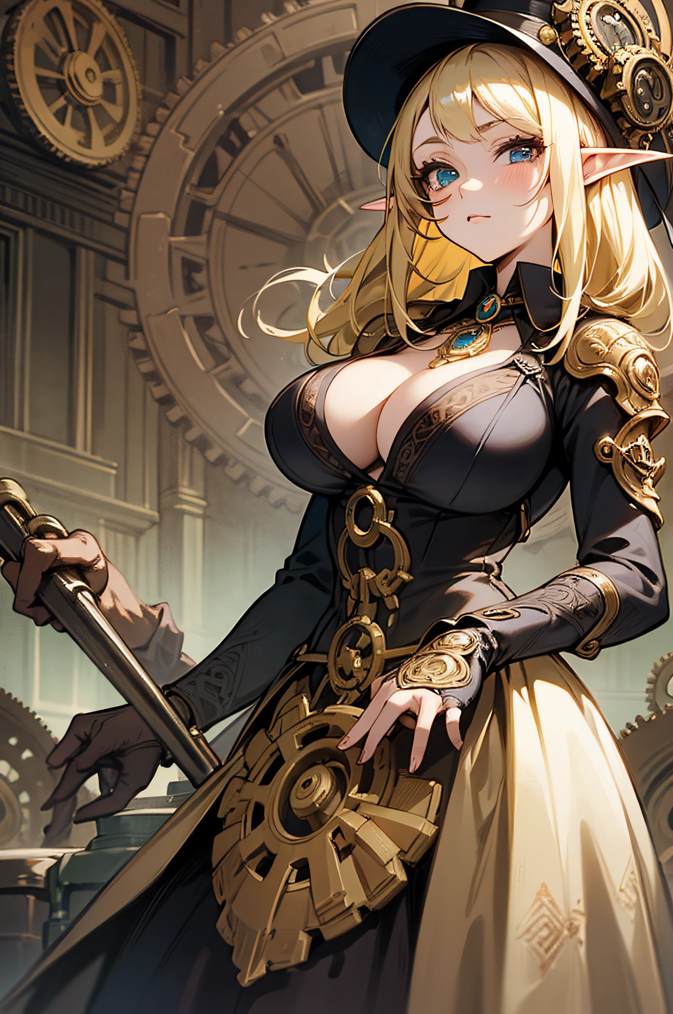 blonde elf, girl, anime, steampunk, big hat, monocle, intricate dress, cogwheel accessories, anime style, beauty, big breasts