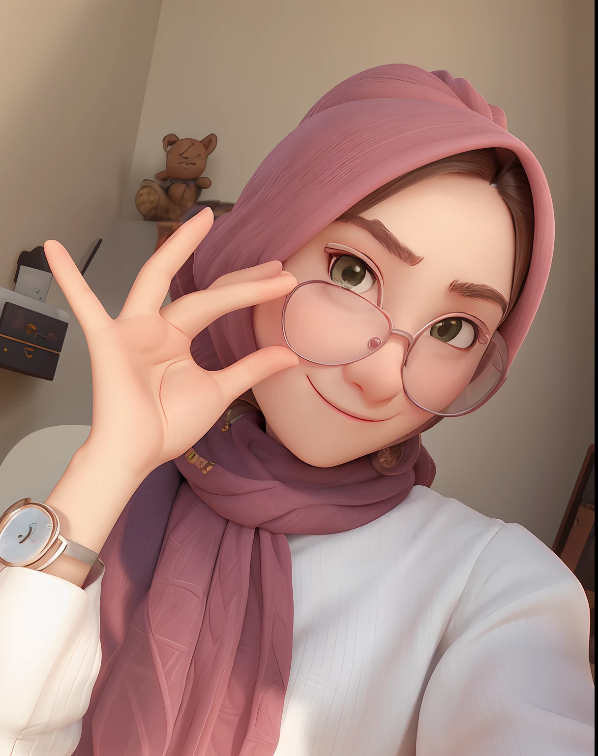 woman wearing glasses and a pink scarf holding up her hand, with glasses, with square glasses, wearing thin large round glasses, 🤤 girl portrait, wearing small round glasses, thick round spectacles, girl with glasses, ulzzang, wearing square glasses, with accurate face, girl wearing round glasses, hijab, wearing round glasses, clear cute face