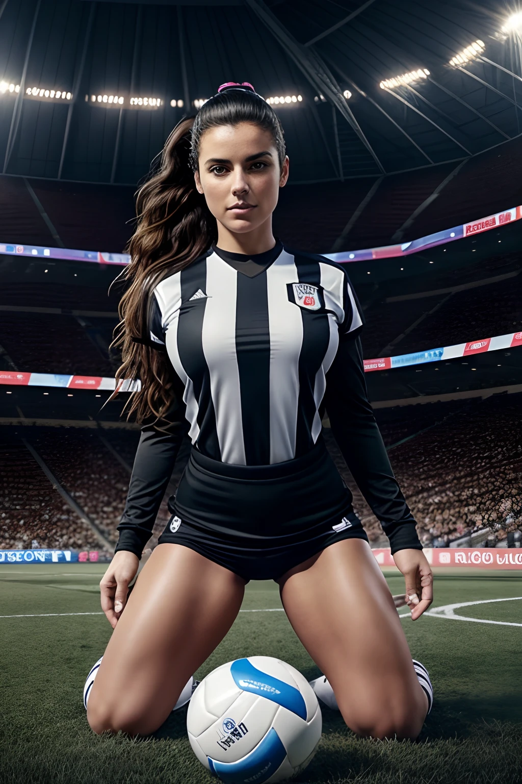 araffe woman in a referee outfit kneeling on a soccer ball, female gigachad, amusing, fantasy!!!, mmmmm, wearing a volleyball jersey, godesses, masterpiece!!!!, shocking, soccer, on knees, soccer player, striped, sexy girl, football player, pathetic, sporty, breath taking, white stripes all over its body, lascivious pose