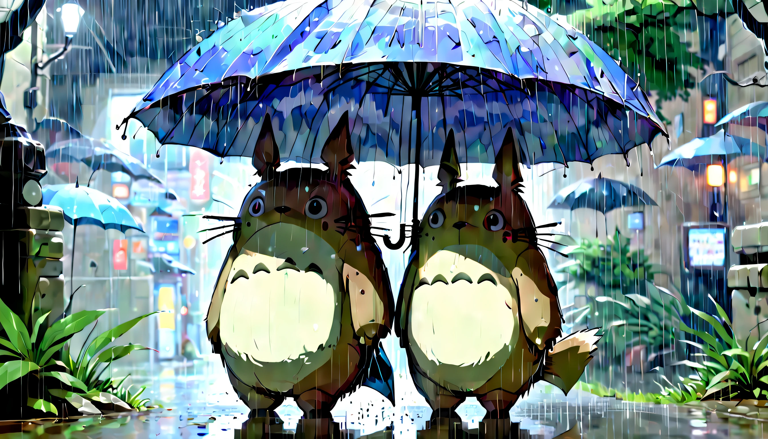 ASCII Hyperdetailed regenerative [glitch] art, (koan), matte, understated, (meditative: 1.2), (harmonic) impressionism, cerebral, (interconnected), labyrinth, (introspective), psyche, balanced and reciprocal, xk3mt1ks, concept: (Totoro holding an umbrella, waiting in the rainy night)