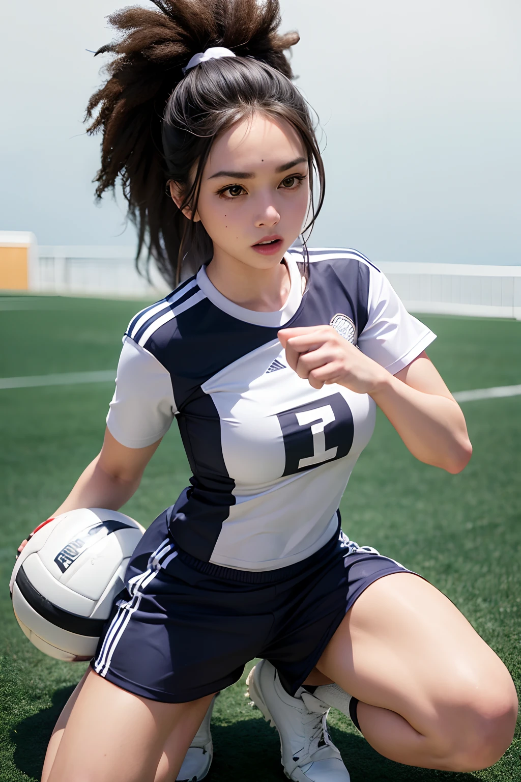 (Photogenic, Various poses, best quality, Masterpiece: 1.5), soccer, soccer ground, soccer ball, voluptuous body, beautiful face, 3D, Japanese, soccer uniform, blue hair, beautiful face, shining thighs, pure white skin, Japan, high school girl, real