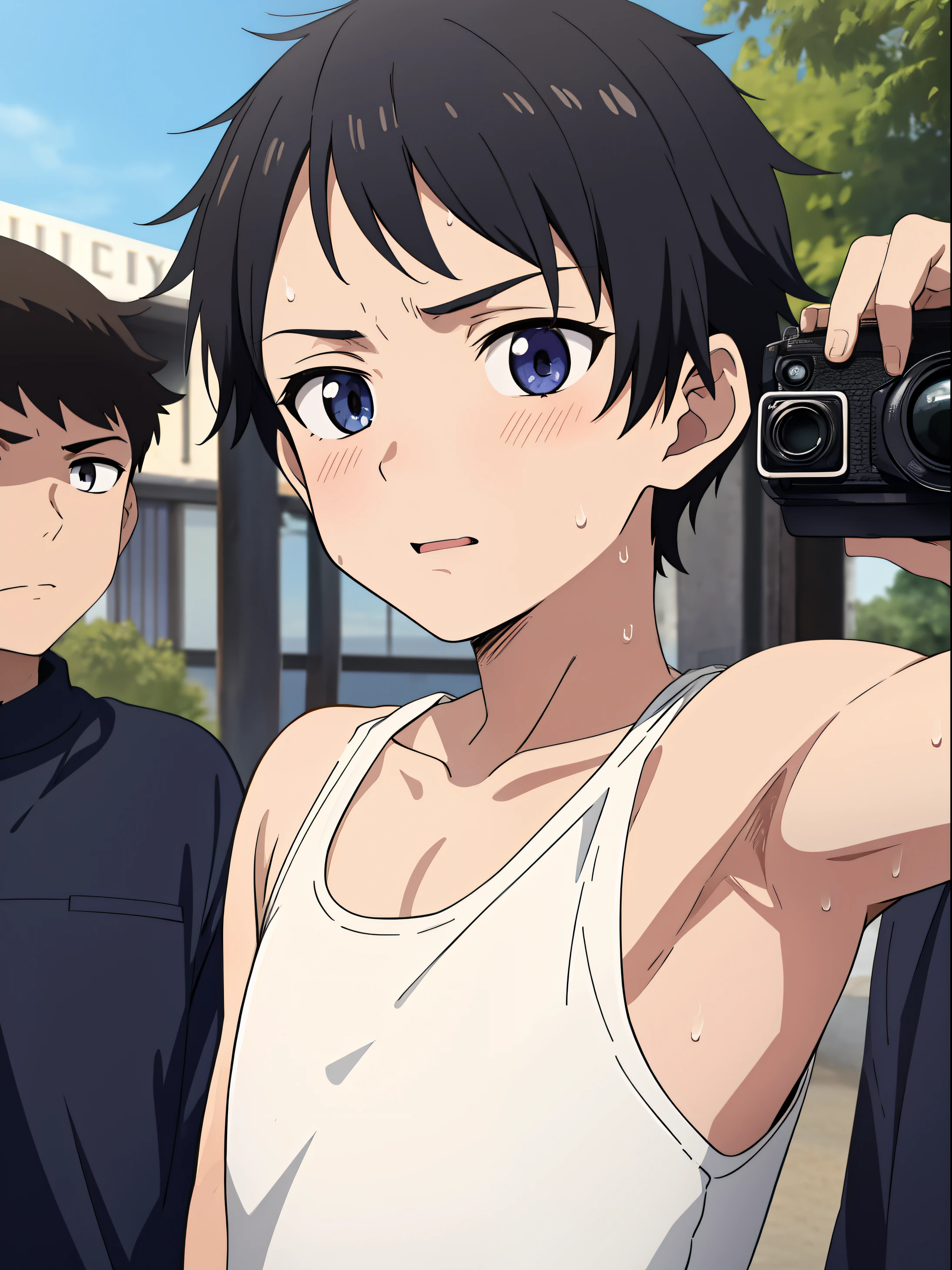 Anime style, Highres, Masterpiece, Best quality at best,Best Quality,hight quality, hight detailed, 1boy, (), (armpit), sweating, shota, outdoors, surrounded by many people, in the public eye, in the camera's portrait, a boy is , seductive face, cute boy, upper body, slim body, in the room,