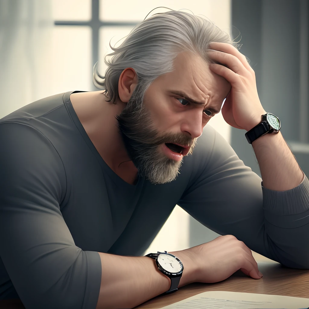 a man with a beard and a watch on his wrist is holding his head, a stock photo by Eugeniusz Zak, shutterstock, renaissance, a photo of a disheveled man, frustrated expression, man is terrified, stressed expression, the man is screaming and sad, graying hair, scruffy man, stockphoto, man esthete with disgust face