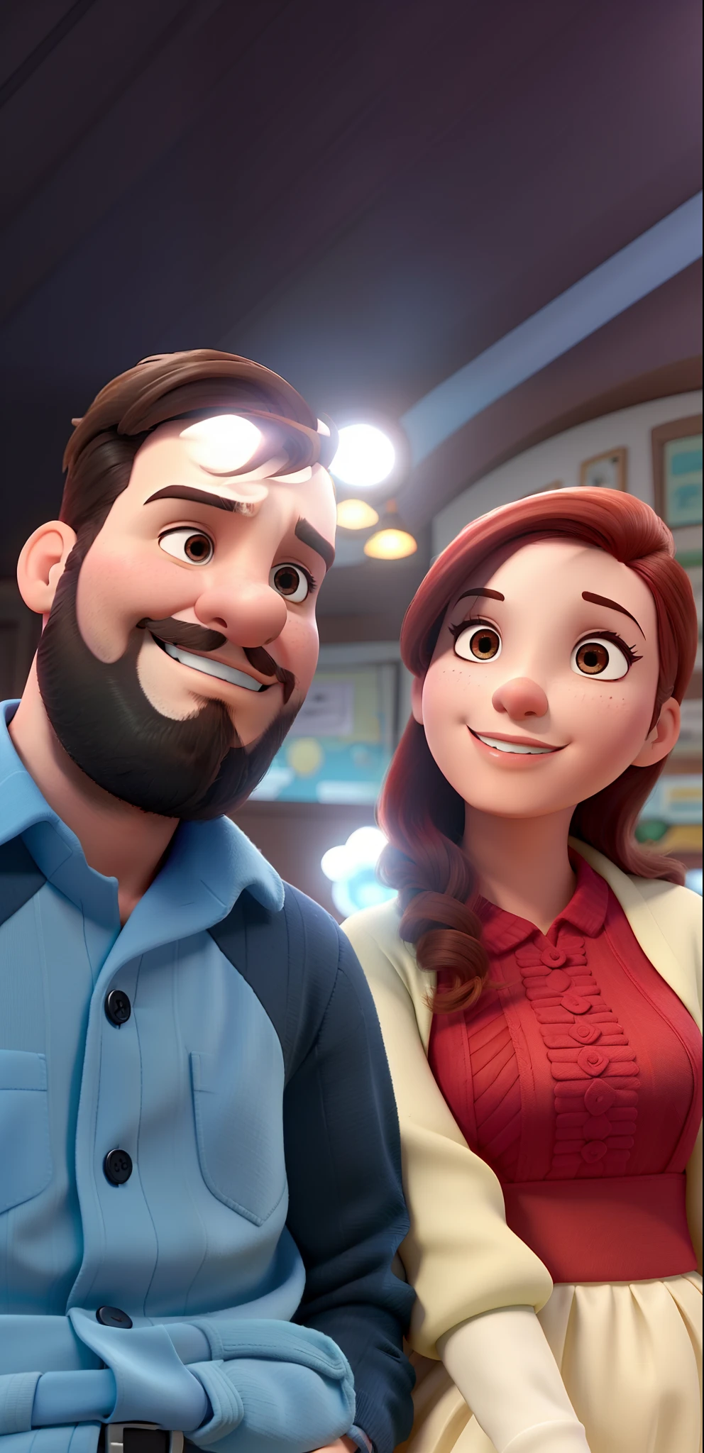 Casal (homem moreno e mulher branca) no estilo Disney Pixar, alta qualidade, melhor qualidade.