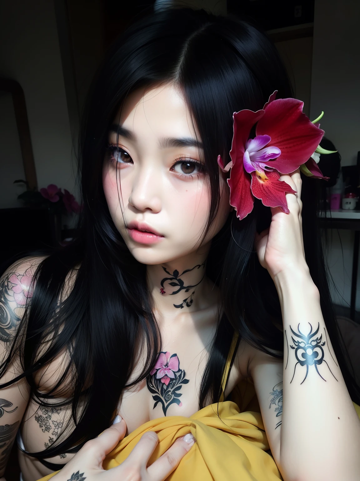 arafed woman with a flower in her hair and a tattoo on her arm, her face looks like an orchid, cruel korean goth girl, girl with a flower face, ulzzang, jinyoung shin, young asian girl, of taiwanese girl with tattoos, beautiful asian girl, asian girl, korean girl, flowers in her dark hair, asian features