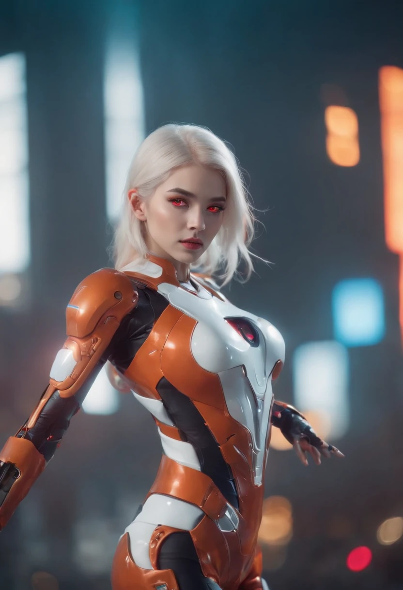 (SFW), intricate details, 1girl, night time, (vivid neon colors), ((Fly over a futuristic cyberpunk city)), Detailed background, (Little Cyborg Girl, ((Cute perfect face, Bright glowing red eyes)), (perfect anatomy, Petite perky breasts), (Absurdly long gradient orange and white hair, hair blowing in wind)), Detailed ribbed impossible bodysuit, shoulder armor, Cybernetic limbs, Dynamic Angle,