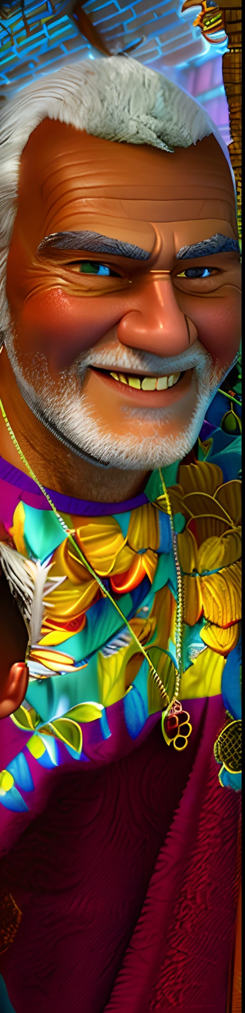 Pixarstyle A waist-high portrait of an elderly man with social clothes, smile, natural skin texture, 4K textures, HDR, intricate, highly detailed, sharp focus, cinematic look, hyper-detailed