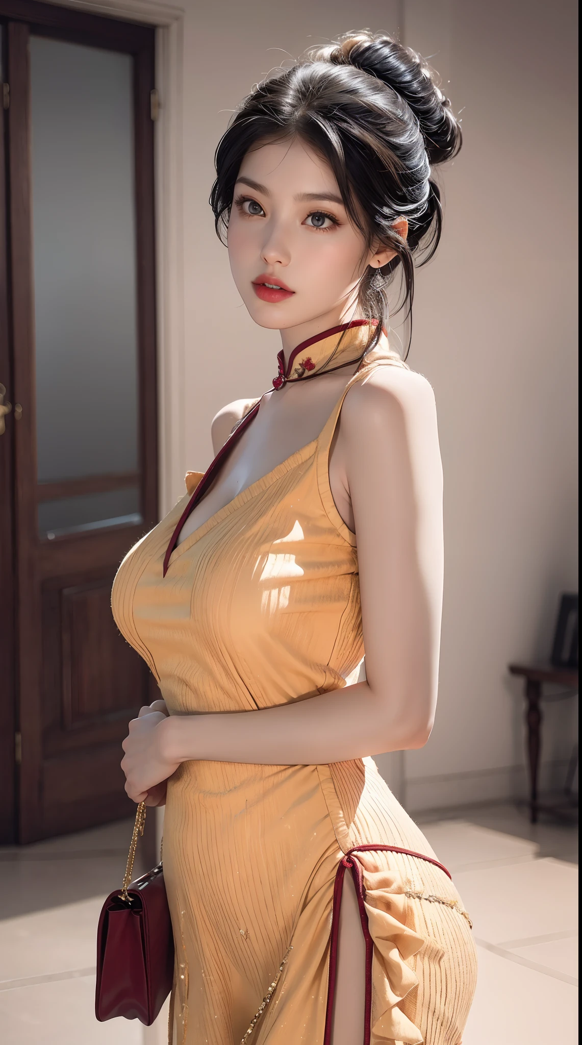 （From the outside） ， many color，Best quality at best，8K，Real photos，Delicate skin details，tmasterpiece，photograph of-realistic，Complicated details，RAW photogr，Court，Gorgeous cheongsam，Extra-long hair，cropped shoulders，delicated face，Expose cleavage，decorations，Perfect Finger，Dissection is correct，(Huge room，0.8)，shiny skins，arms on hips