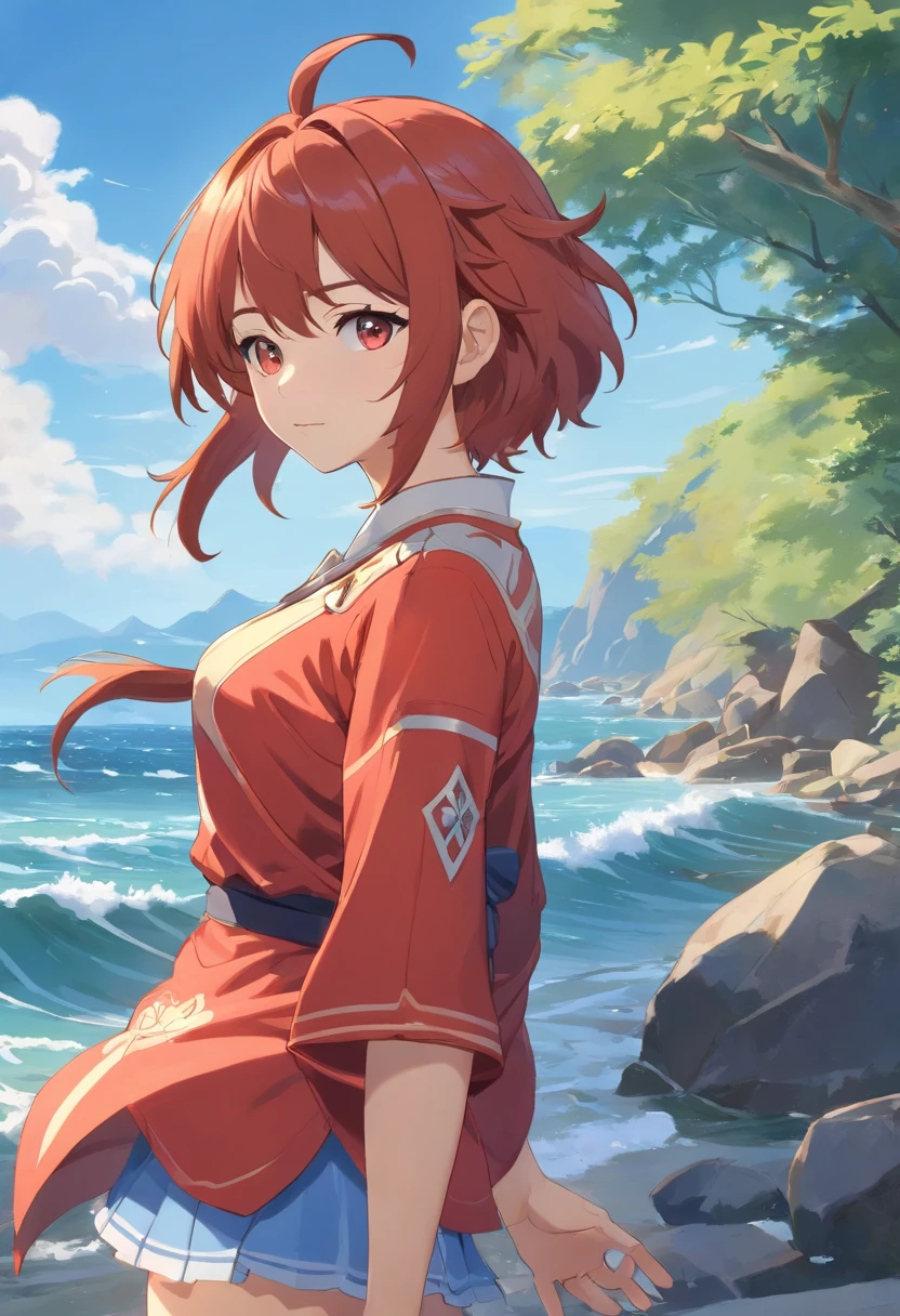 Nilo (Impacto Genshin), Behind the sea, 1girl, desfoque de fundo, boca fechada, bare arms, accessory, mangas nuas, bareshoulders, red hair, Pulseiras, colar, cowboy shot, lateralmente