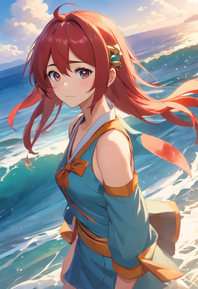 Nilo (Impacto Genshin), Behind the sea, 1girl, desfoque de fundo, boca fechada, bare arms, accessory, mangas nuas, bareshoulders, red hair, Pulseiras, colar, cowboy shot, lateralmente