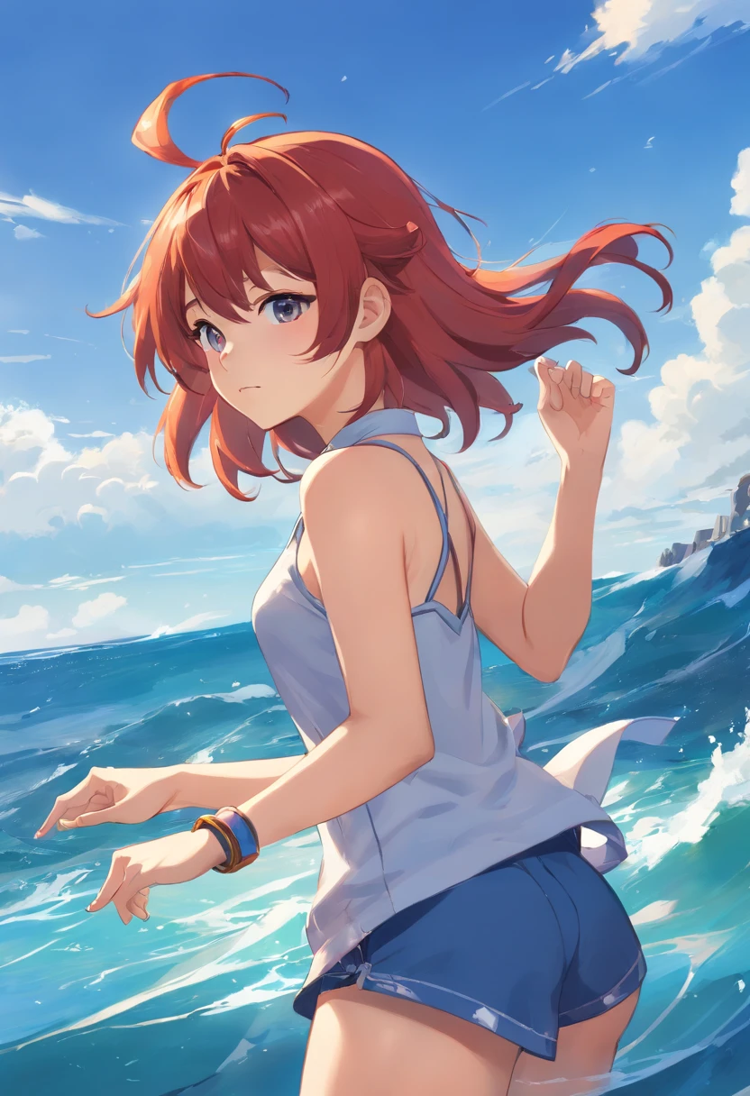 Nilo (Impacto Genshin), Behind the sea, 1girl, desfoque de fundo, boca fechada, bare arms, accessory, mangas nuas, bareshoulders, red hair, Pulseiras, colar, cowboy shot, lateralmente