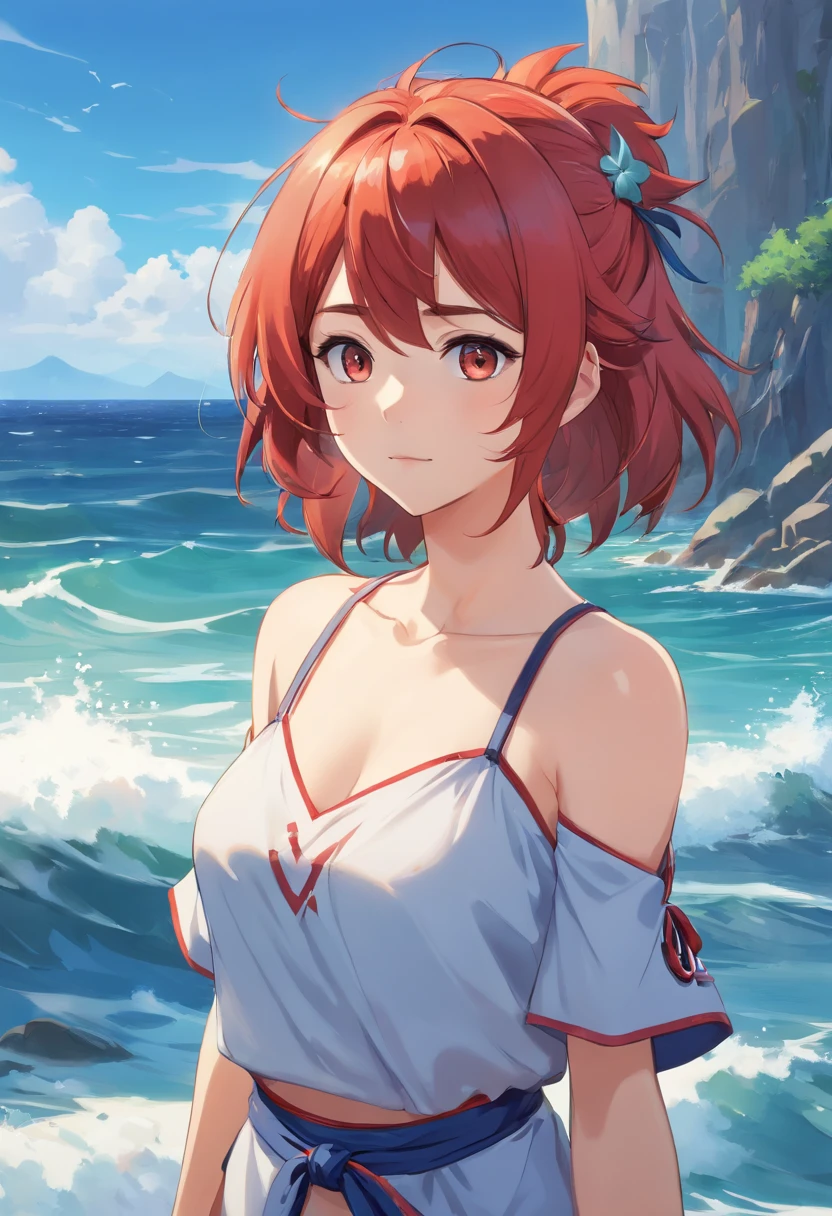 An anime girl with red hair and blue eyes wearing a skirt and an open shirt revealing a black and red bra