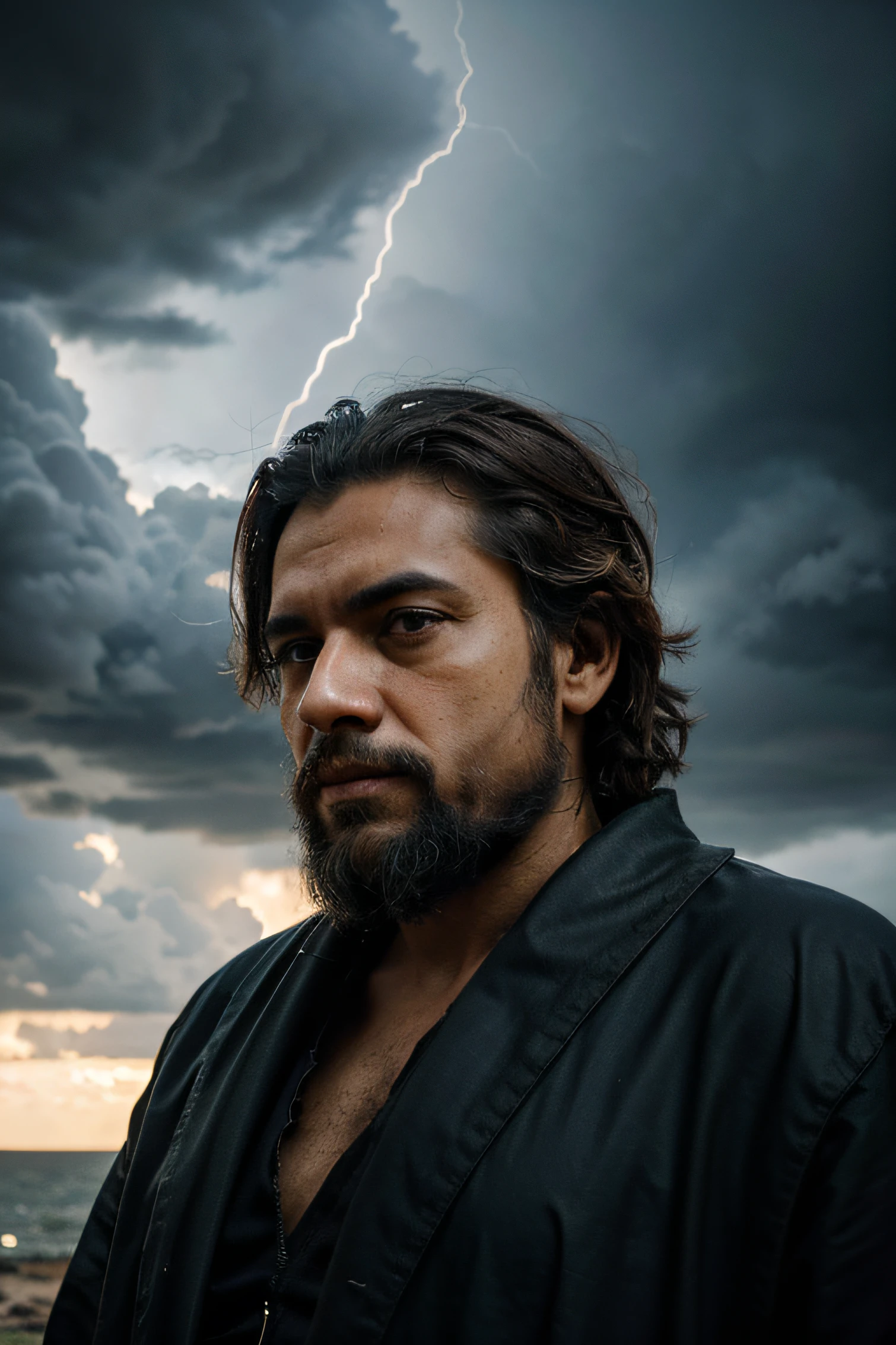 Velho de barba, with a stormy sky in the background. Visionary man, philosopher, sage or prophet. cinematographic effect. Homem estoico guerreiro Criado com a tecnologia Generative AI.