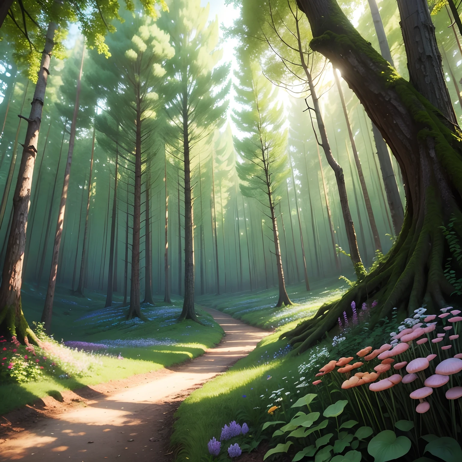 Lush forest full of realistic flowers and mushrooms