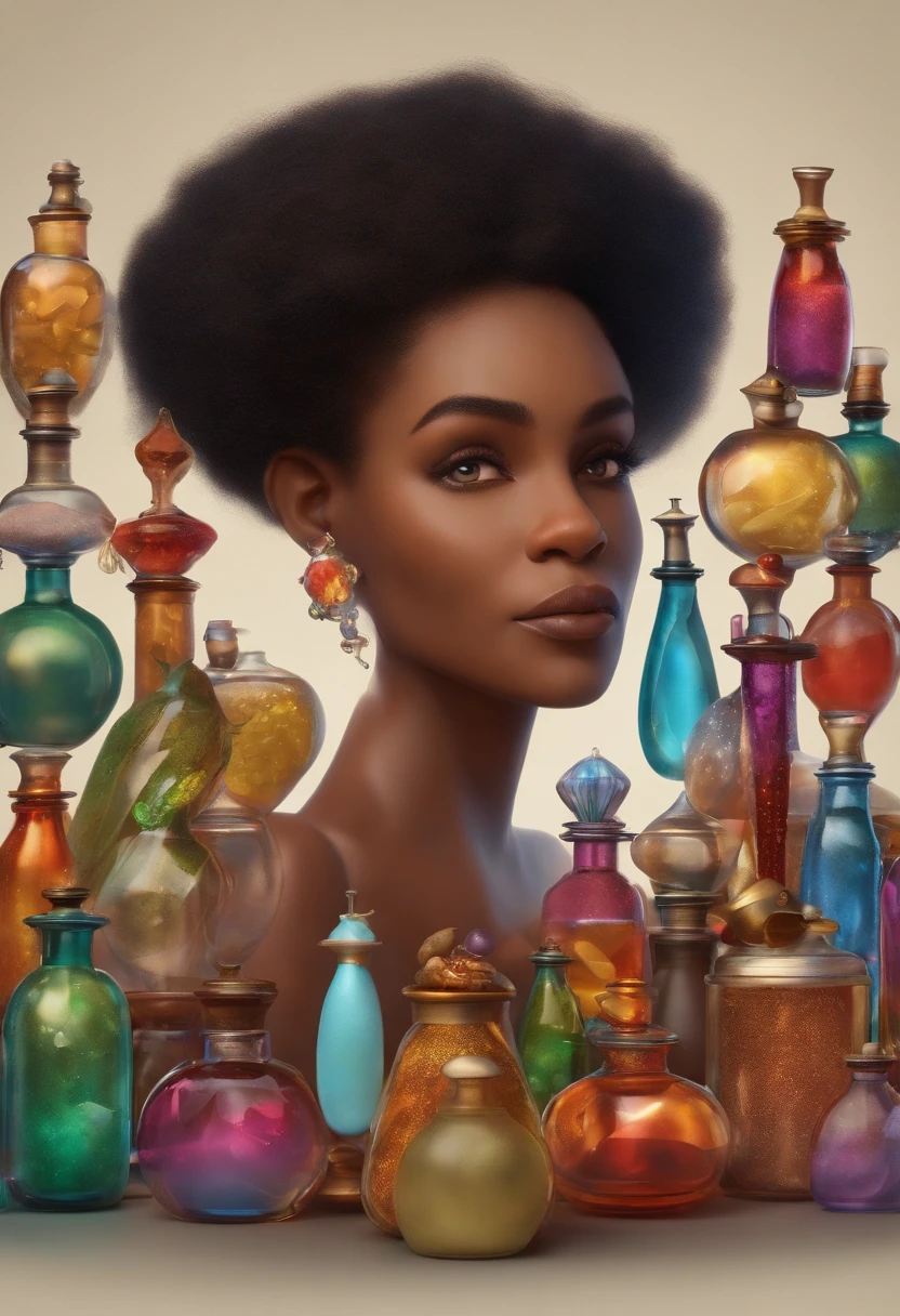 A collector of ideas inspired by Pixar animation, de perto. She is surrounded by a collection of magic vials, each containing a unique idea. The focus is on the character, with a captivating facial expression, Against a backdrop of shimmering, cores efervescentes.