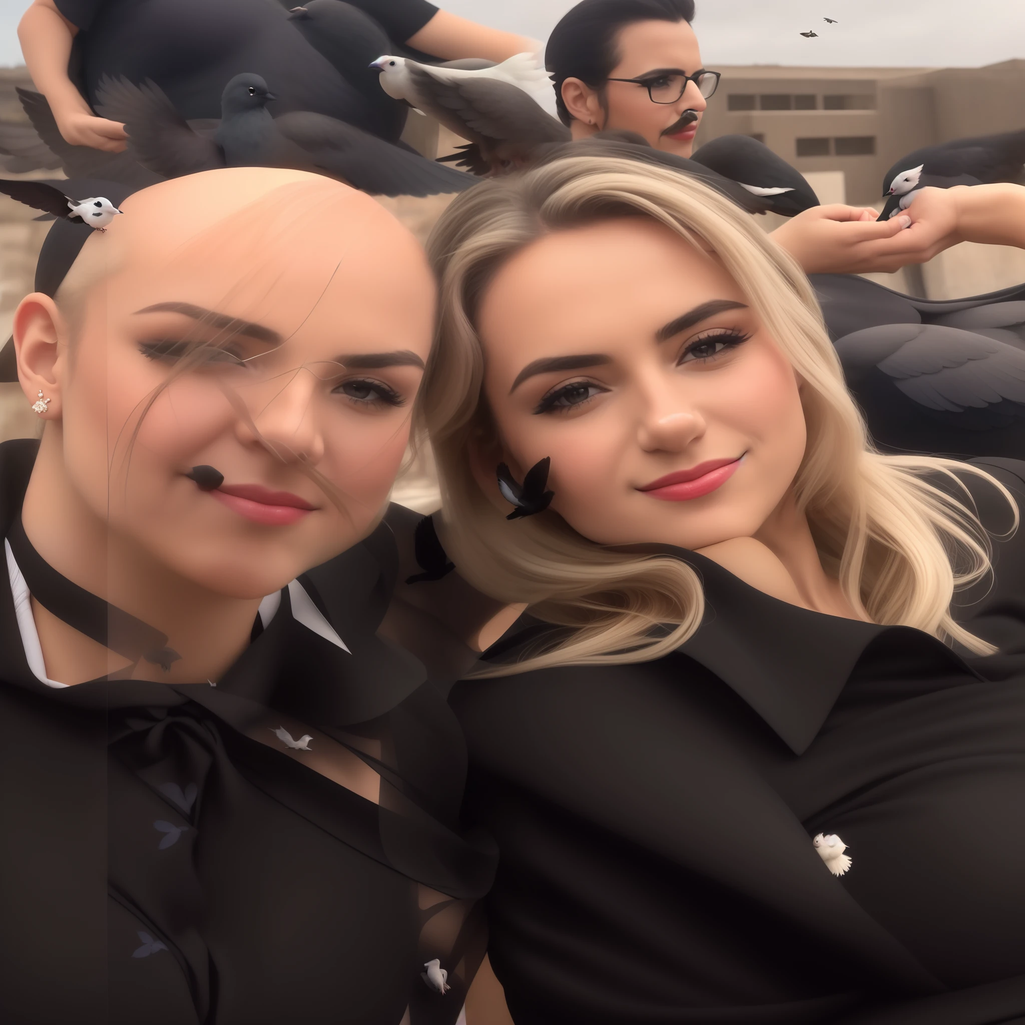 Two blonde bob cut white e-girls hugging,Heavy makeup,A friendly kiss,latex,Sweating profusely,Watery eyes,Love hotel bed,full body,Sweat has accumulated in the valley of her breasts,Drops of sweat on the skin,selfie,