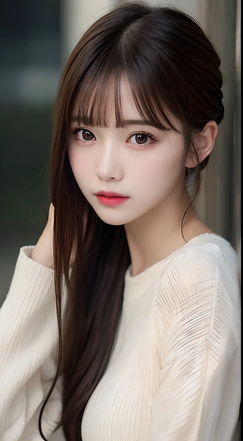 finely detail, hight resolution, hightquality、Perfect dynamic composition, Beautiful detailed eyes, Medium Hair, small tits、Natural Color Lip,Kamimei、Shibuya、20 years girl、1 persons、Transparent skin、Glowing hair、masutepiece, Best Quality, Illustration, Ultra-detailed, finely detail, hight resolution, 8K、The correct state of the human body、Randomly cute poses,Ponytail hair,beauty legs,Perfect beautiful face,KPOP Idol Face,Expression feeling ecstasy,Long sleeve knit ivory dress in black,Background blur,Randomly do sexy poses,morning