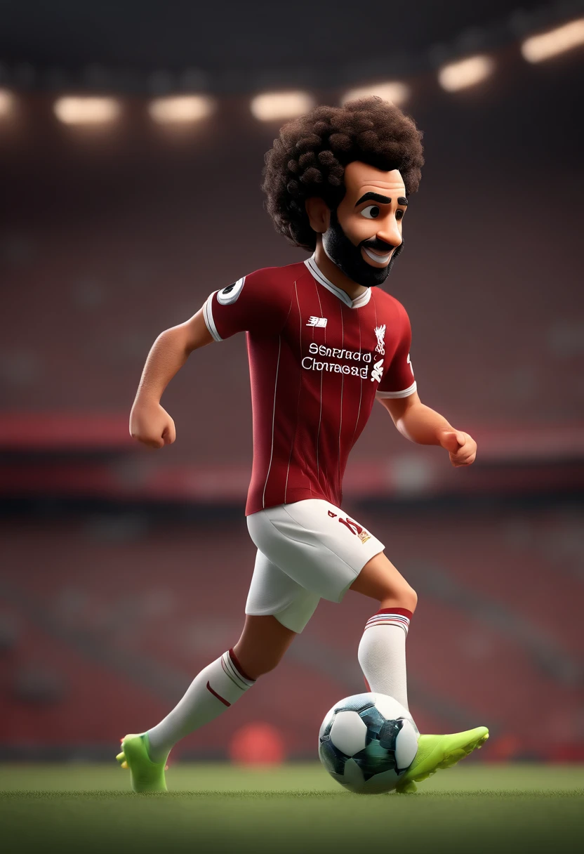 Cartoon character of Mohamed Salah kicking ball, liverpool fc, in action, birthday card design, animation character, animation style rendering, 3D estilizado, Arnold Maya render, 3 d render stylized, toon render keyshot, Personagem 3D, Personagem 3D, 3d rendering stylized, 3 d character render, (Estilo Pixar) (master part:1.2) (Bokeh) (best quality) (textura detalhada) (8k) (argila) (Cinematic lighting) (foco nítido
