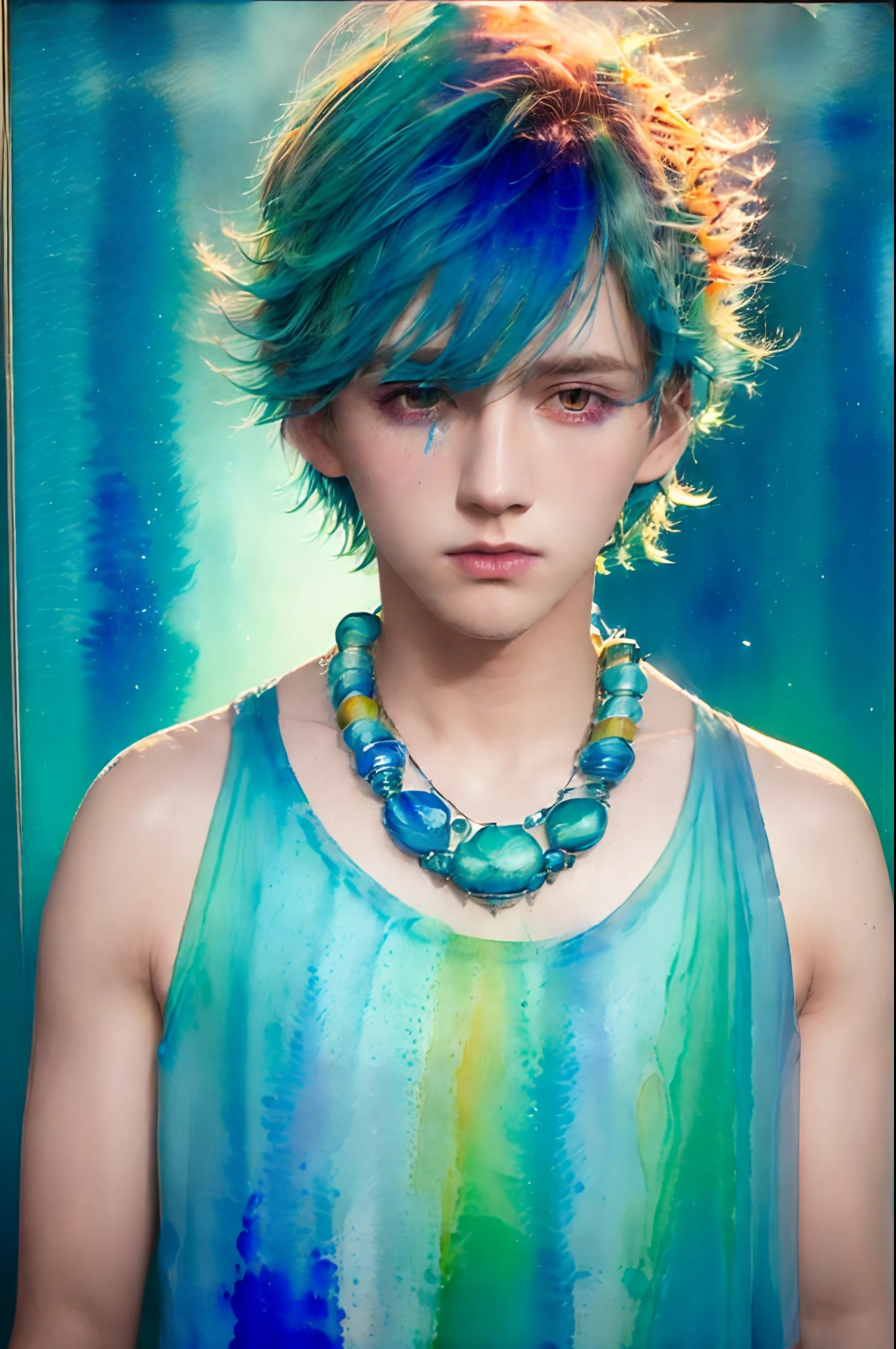 1boy,head hair,Necklace,multicolored hair,Blue background,multicolored background,hair between eye