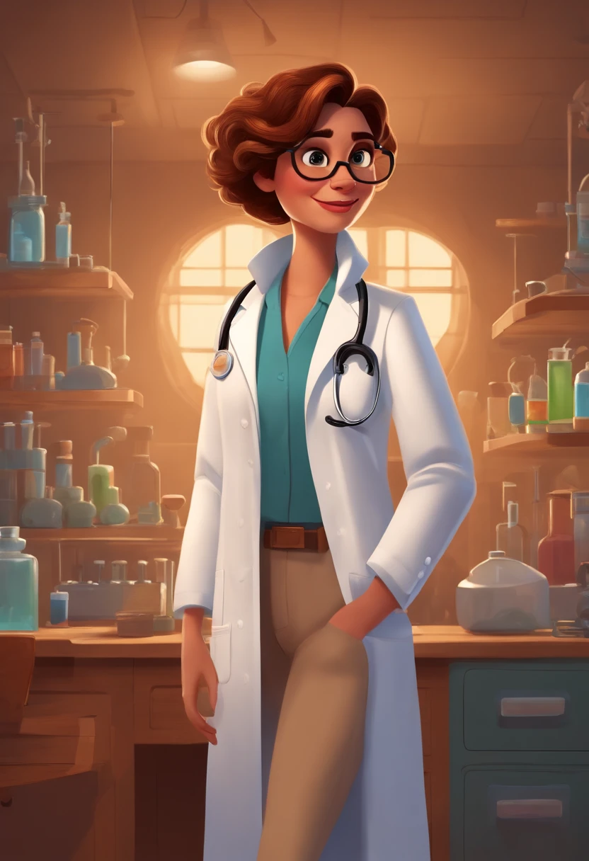 Create a pixar-style character inside a lab coat. Personnage brun elle se leve sur sont lit
