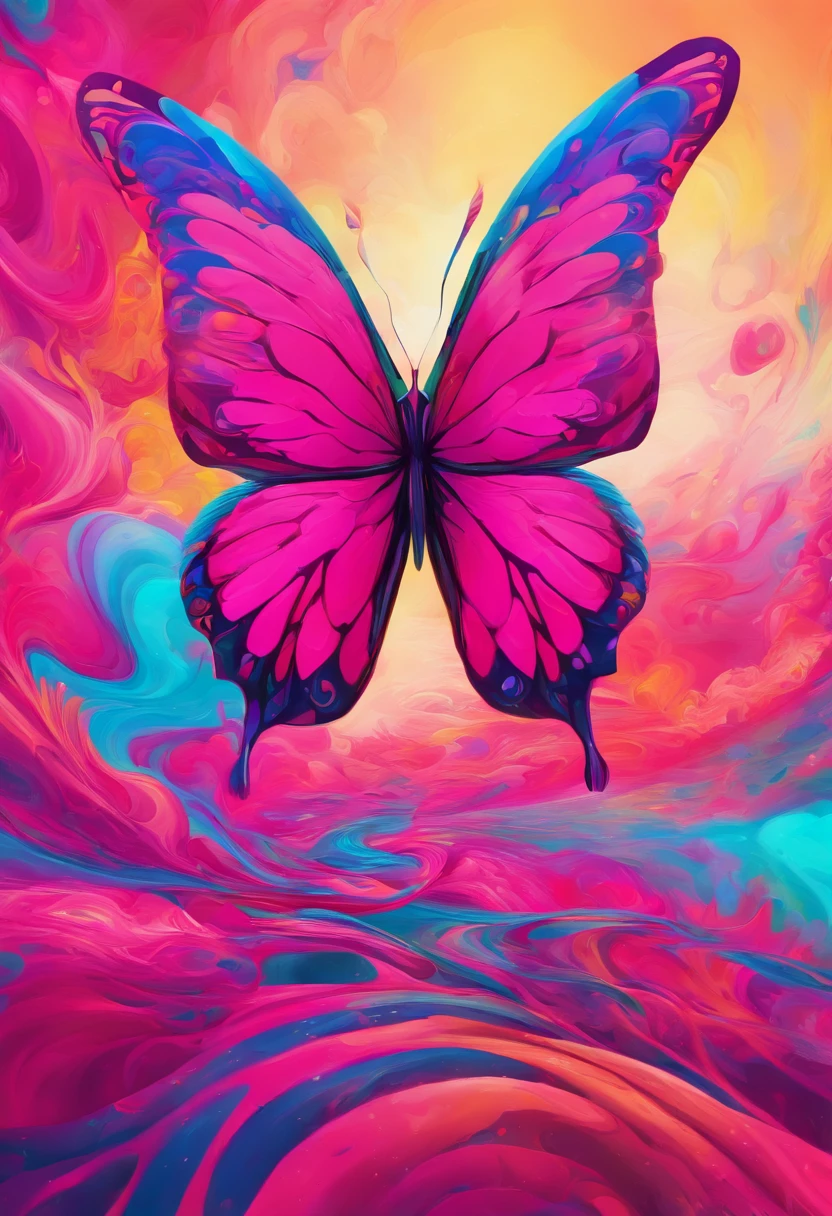 Mariposa superrealista de color fucsia, sobrevolando un mar azul, alzandose en libertad. 4k