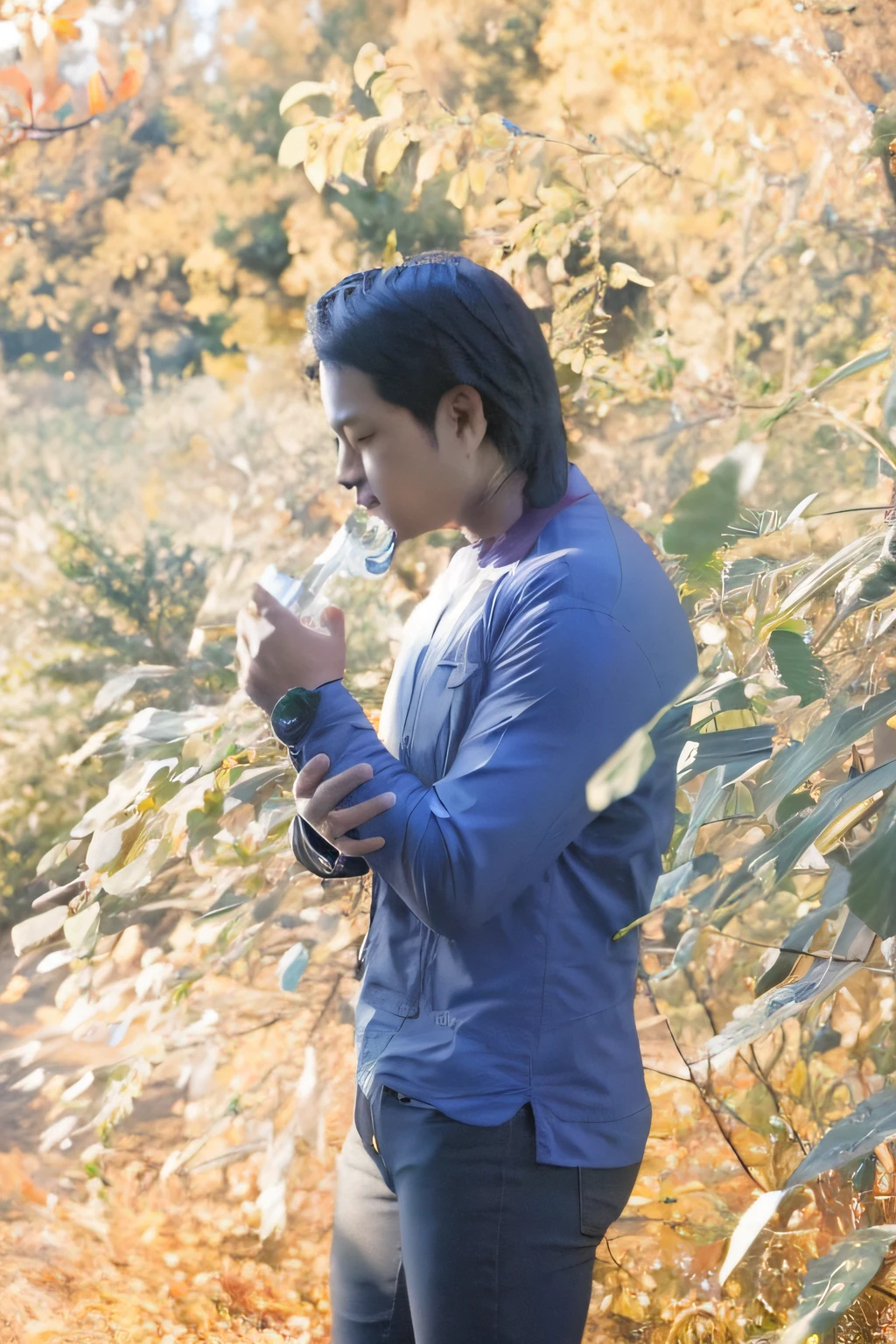 there is a man standing in the woods holding a bottle of water, profile shot, amidst nature, fall season, amongst foliage, in sunny weather, autumn season, with beautiful colors, sun behind him, candid picture, taken at golden hour, feeling the nature, shot at golden hour, mixed art, smoking a cigarette in the field, in autumn, beautiful man