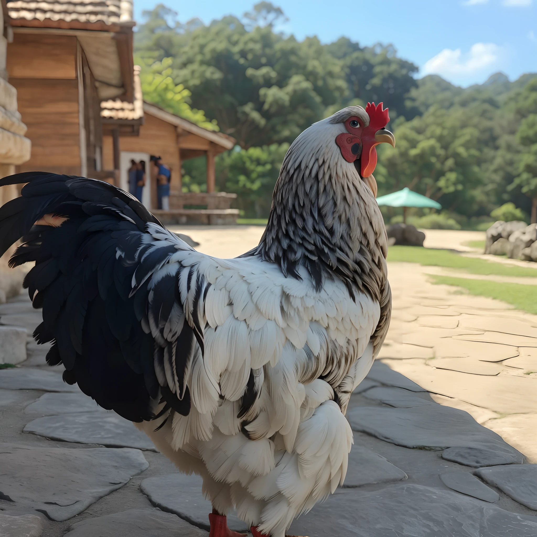 There's a rooster standing on a stone walkway in front of a building, galo, O Rei do Galo, arrogante, galo!!!!, arrogant expression, asas requintadas e bonitas, olhando para o lado, Penas de frango, frango antropomorfizado, sorriso arrogante, olhar orgulhoso, Galinhas, Photo taken from behind, linda senhora, orgulhoso olhando para longe