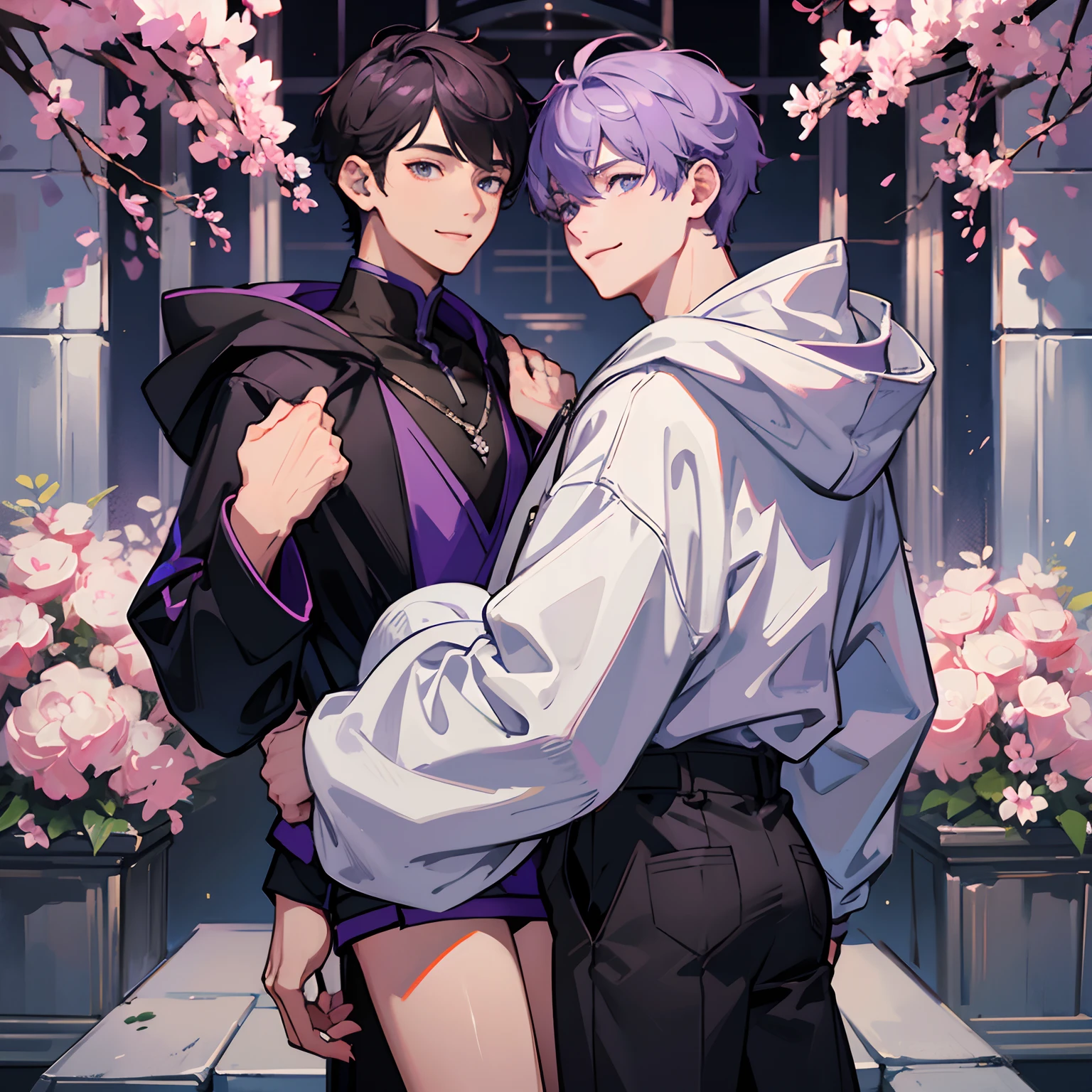 1 male with purple short hair,grey pupils,Look down,Ultra Clear HD Half Body,Rich in detail、Shirts and hoodies、Two-block hair、A smile