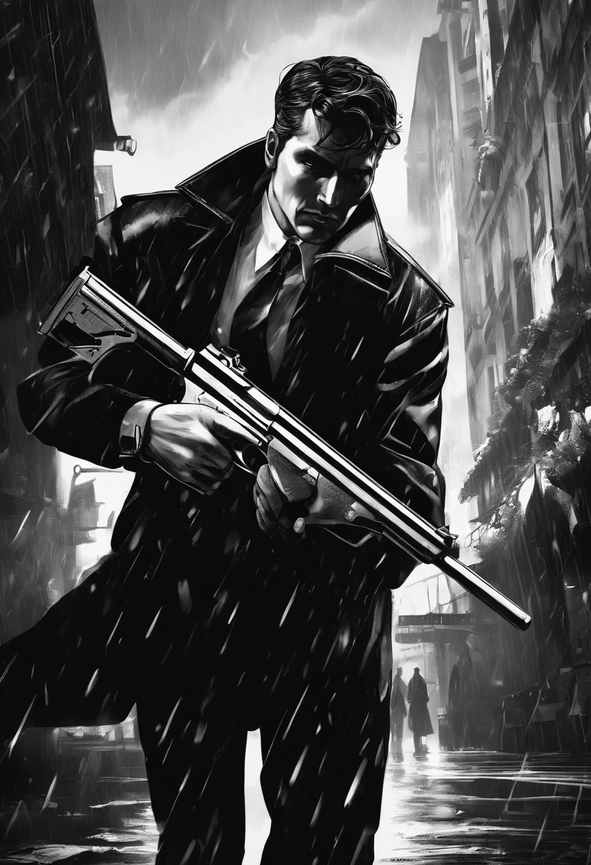 noir, brutal, anime, black and white, rainy backround, old handgun, action scene