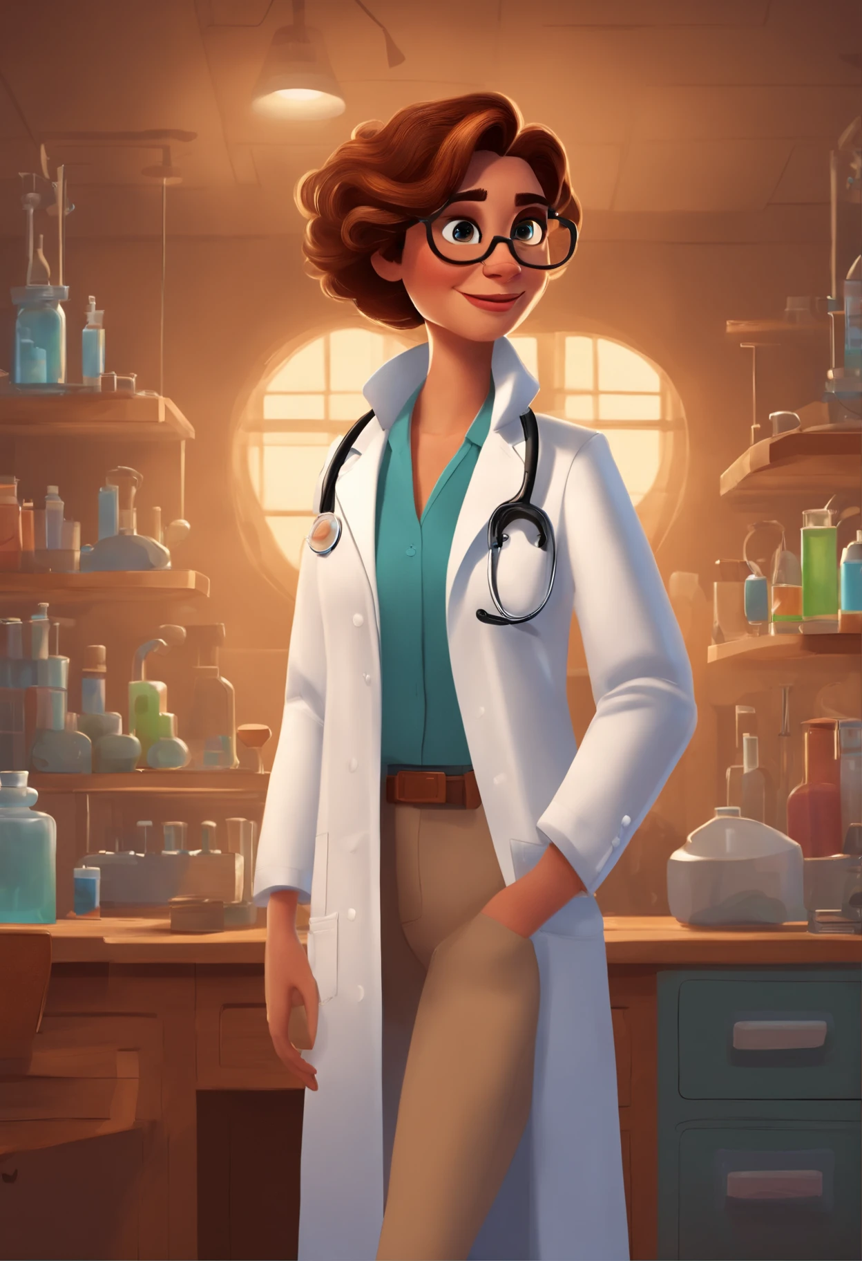 Create a pixar-style character inside a lab coat. Personnage brun elle se leve sur sont lit