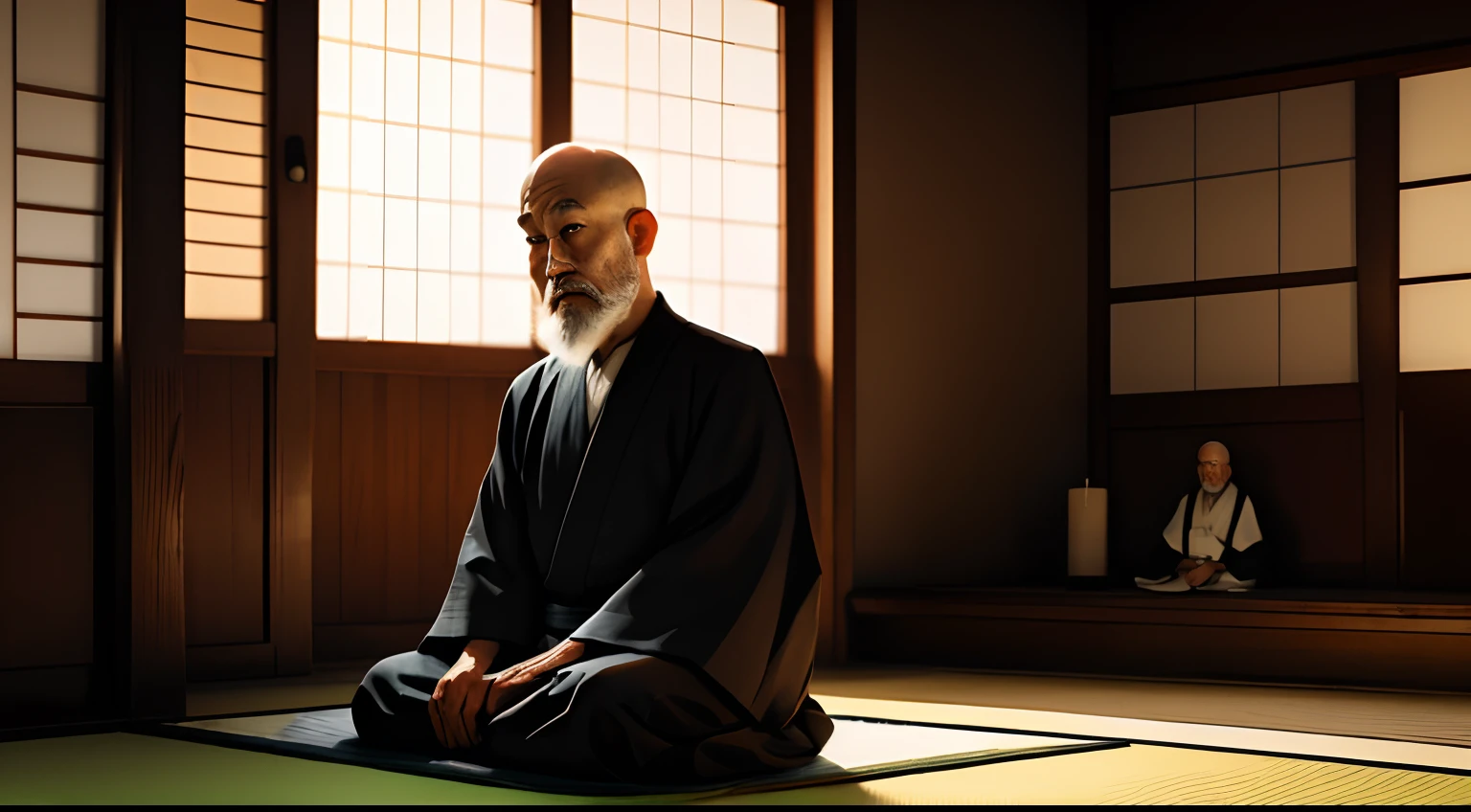 O Mestre Zen, sitting in serene meditation, com um sorriso acolhedor no rosto,na entrada de sua omilde cabana nas montanhas recebendo um jovem ,que esta de costas para a camera,