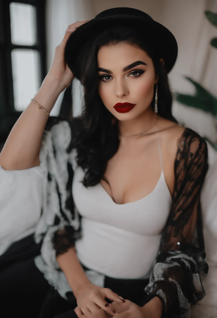 brunette with short black hair thin waist big ass sucking penis with her mouth full