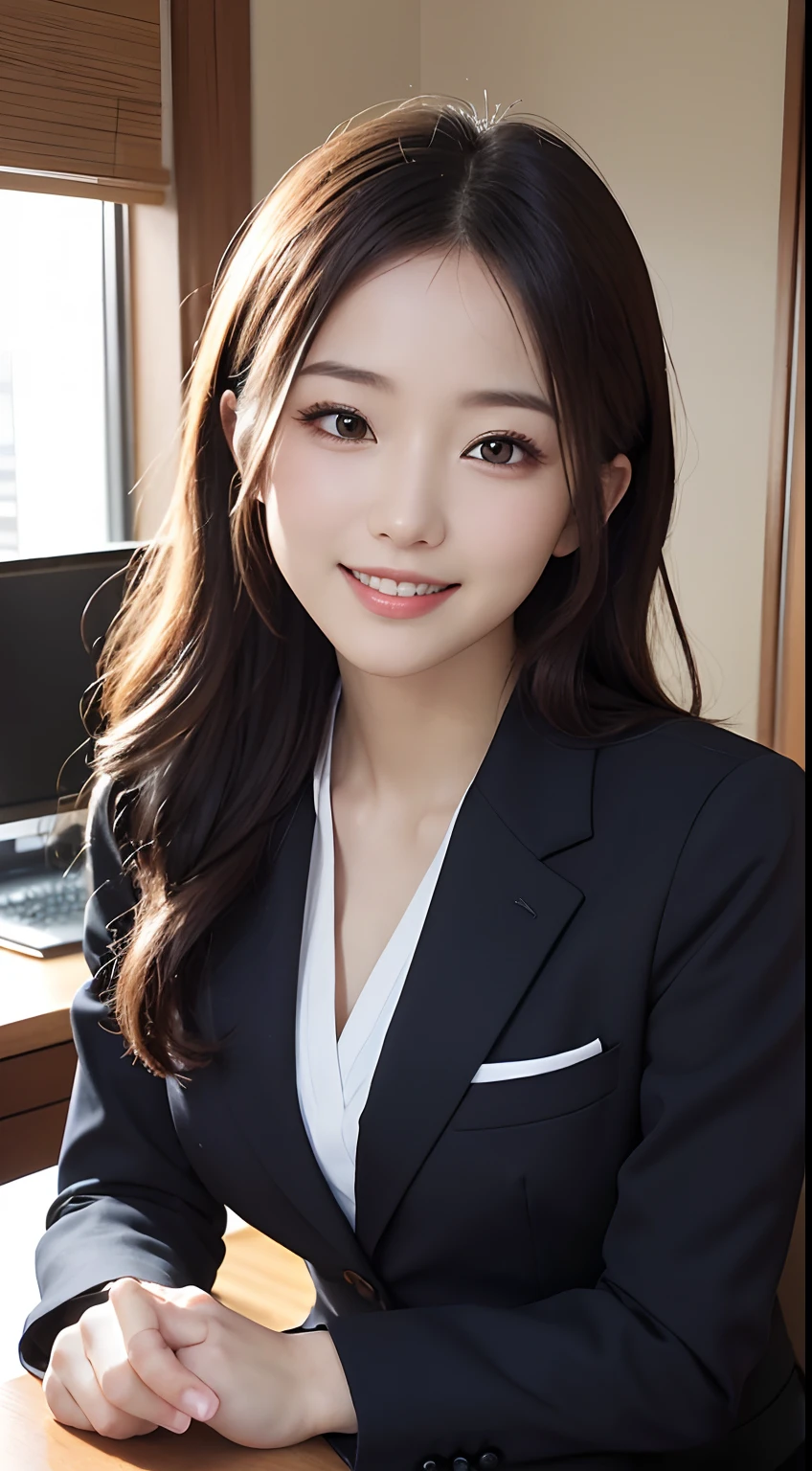masutepiece, Best Quality, Illustration, Ultra-detailed, finely detail, hight resolution, 8K Wallpaper, Perfect dynamic composition, Beautiful detailed eyes , s Office、A smile、Smaller chest、Wearing a business suit,