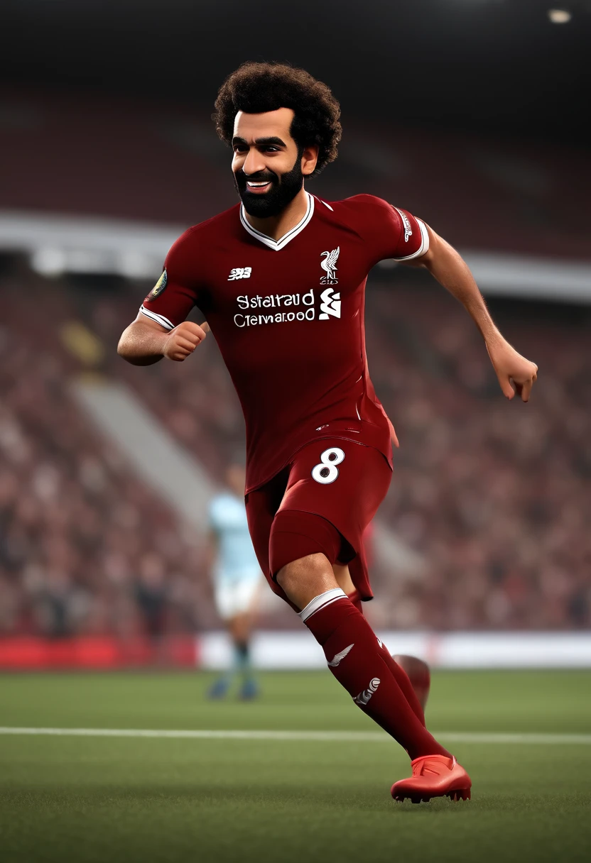 Cartoon character of Mohamed Salah plying football, liverpool fc, in action, birthday card design, animation character, animation style rendering, 3D estilizado, Arnold Maya render, 3 d render stylized, toon render keyshot, Personagem 3D, Personagem 3D, 3d rendering stylized, 3 d character render, (Estilo Pixar) (master part:1.2) (Bokeh) (best quality) (textura detalhada) (8k) (argila) (Cinematic lighting) (foco nítido