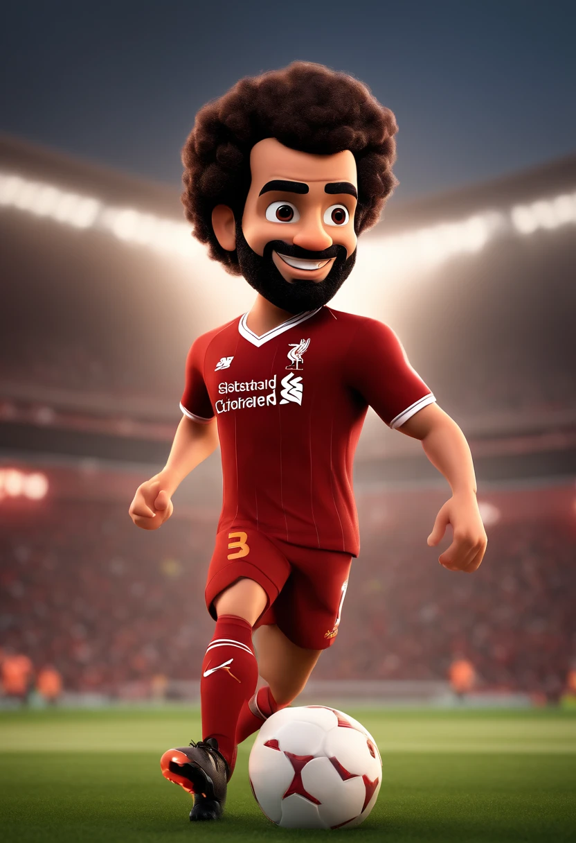 Cartoon character of Mohamed Salah plying football, liverpool fc, in action, birthday card design, animation character, animation style rendering, 3D estilizado, Arnold Maya render, 3 d render stylized, toon render keyshot, Personagem 3D, Personagem 3D, 3d rendering stylized, 3 d character render, (Estilo Pixar) (master part:1.2) (Bokeh) (best quality) (textura detalhada) (8k) (argila) (Cinematic lighting) (foco nítido