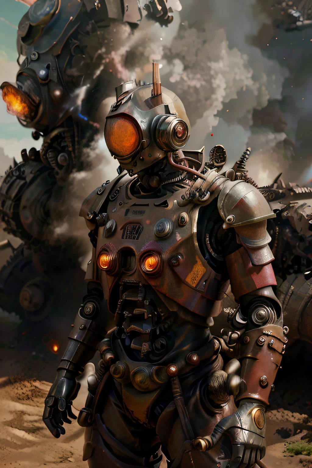 A toon Crazy whit a Big ONE a Only RED Eye Robot Rocketeer, camouflage Titanium Silver Pink Rusty, Ambient in a meteorite crater super detailed, center, beautiful, soft lighting, focused on the character, 4K resolution, photorealistic rendering,