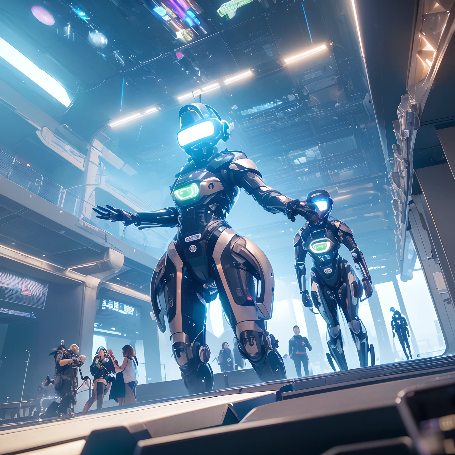 (A futuristic image depicting professions that do not exist yet, but will be extremely promising in the coming years),highres,ultra-detailed,3D rendering,(vivid futuristic colors),(concept artists),(studio lighting),(sharp focus),(physically-based rendering), robots with advanced artificial intelligence,(futuristic cityscape),(advanced holographic displays),(flying vehicles),(leading-edge architecture), individuals wearing cutting-edge exoskeleton suits and virtual reality headsets,(futuristic vehicles driving on elevated magnetic tracks),(high-tech medical equipment), bioluminescent plants illuminating the surroundings, (high-speed transportation systems),(advanced nanotechnology),(AI-powered intelligent drones), (innovative energy sources),(multicultural and diverse society), (awe-inspiring futuristic landmarks),(futuristic fashion and clothing), (protagonists engaged in immersive virtual reality games),(stunning futuristic skyscrapers),(futuristic transportation networks),(innovative gadgets and devices), (advanced space exploration technologies), (advanced communication networks), (advanced sustainable solutions),(futuristic farming techniques),(innovative education systems), (leading-edge entertainment industry), (advanced robotic assistants), (futuristic healthcare advancements), (high-tech surveillance systems), (futuristic underwater habitats), (futuristic renewable energy infrastructure),(cutting-edge industrial manufacturing methods), (advanced architecture incorporating nature), (futuristic sports and activities), (innovative ways of experiencing art and music).