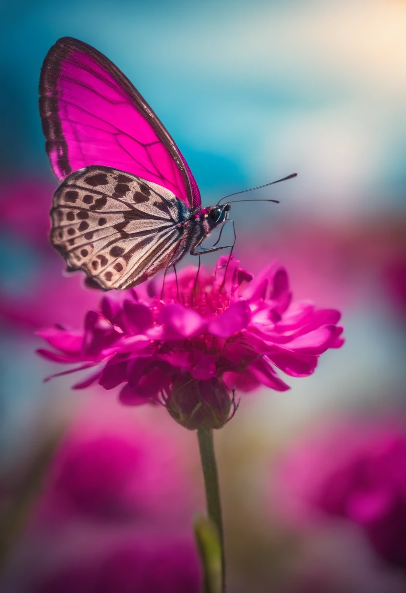 Mariposa de color fucsia, sobrevolando un mar azul. Alzandose en libertad. 4k