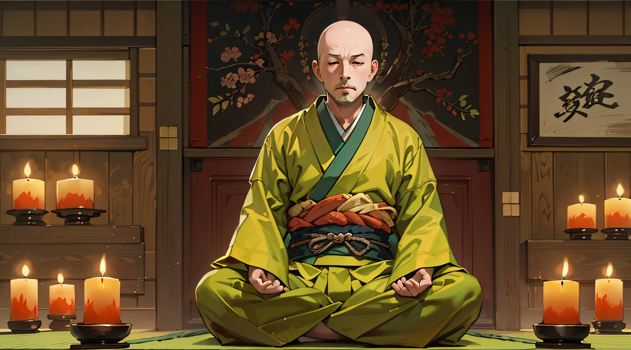 (masterpiece, best quality:1.2), (1man, solo), (50years old:1.1), (full body, sitting and meditation), Japanese monk's working clothes, (skin head, no hair), closing eyes, (Japanese old style room, a lot of candles)